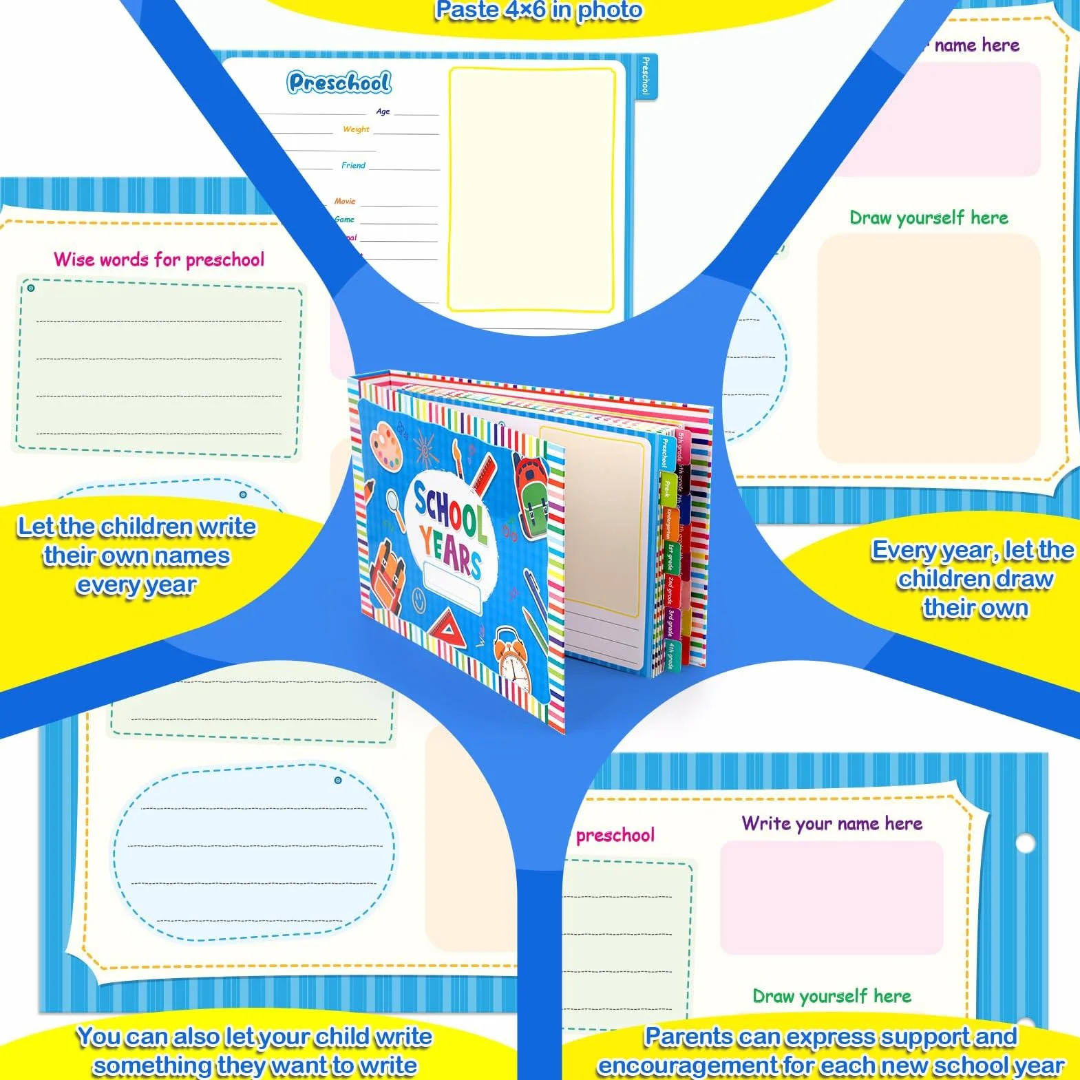 Libro y álbum de recuerdos para la escuela de los niños | Libro de memoria para niños como anuario para escolarización, fiesta de guardería y