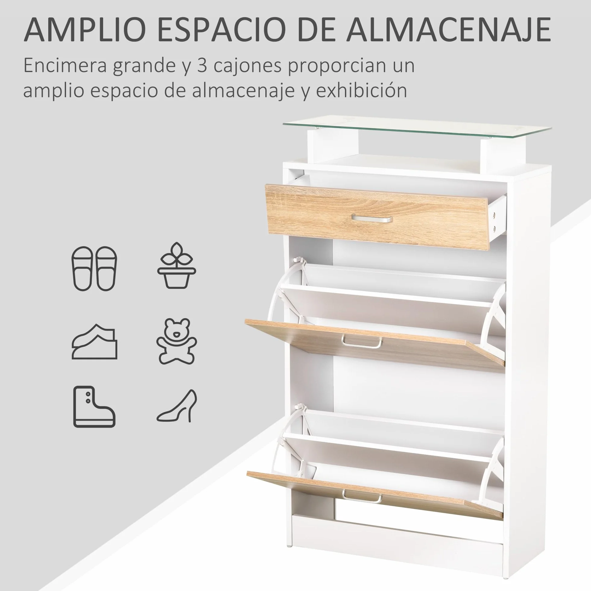 HOMCOM Mueble Zapatero Armario Zapatero con 3 Cajones Estante de Vidrio y Asa de Aluminio para Pasillo Entrada Carga 50 kg 60x24x105,5 cm Natural