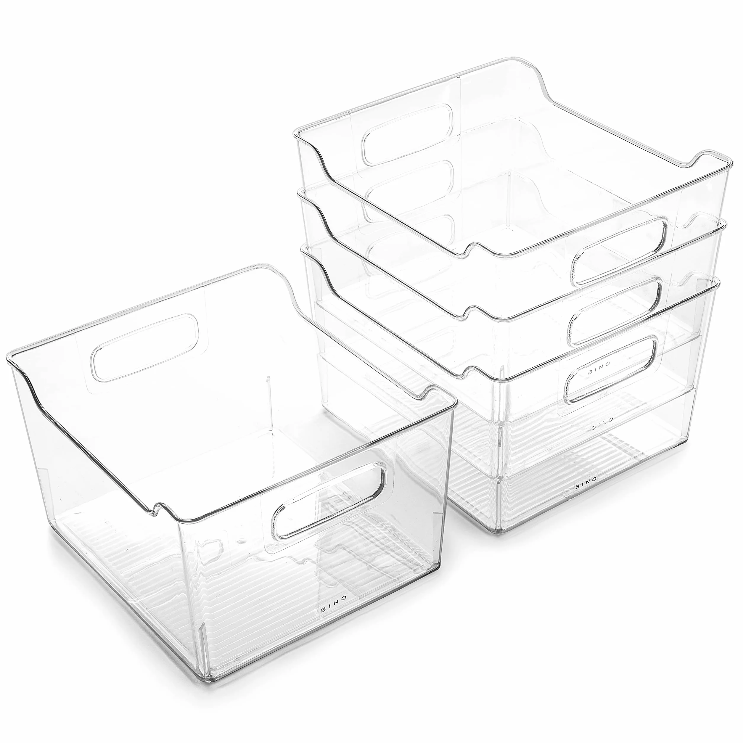 BINO Contenedores de almacenamiento de plástico – Paquete de 4 | Colección The Lodge | Almacenamiento transparente | Contenedores para organizar con asas | Organización de cocina de despensa |
