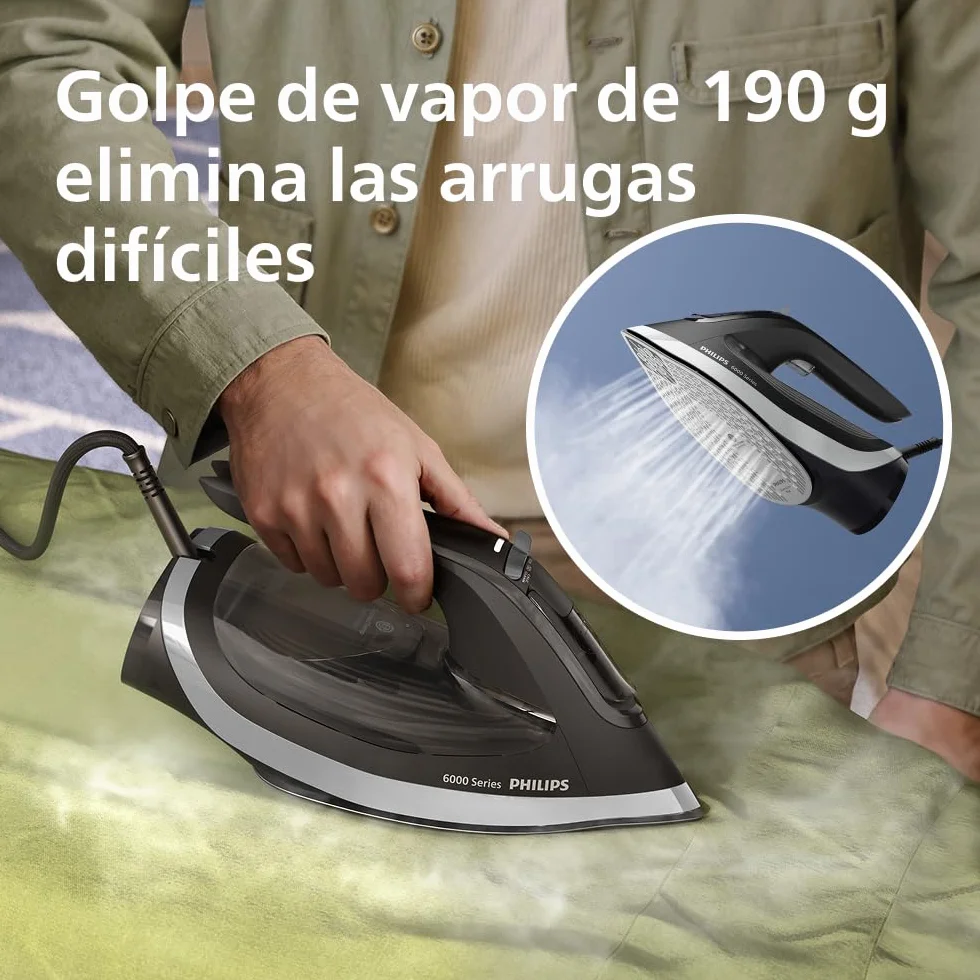 Philips Serie 6000 Plancha de Vapor con tecnología OptimalTEMP, 190g golpe, 45g continuo, suela SteamGlide Plus, antigoteo y apagado automático (DST6120/80)