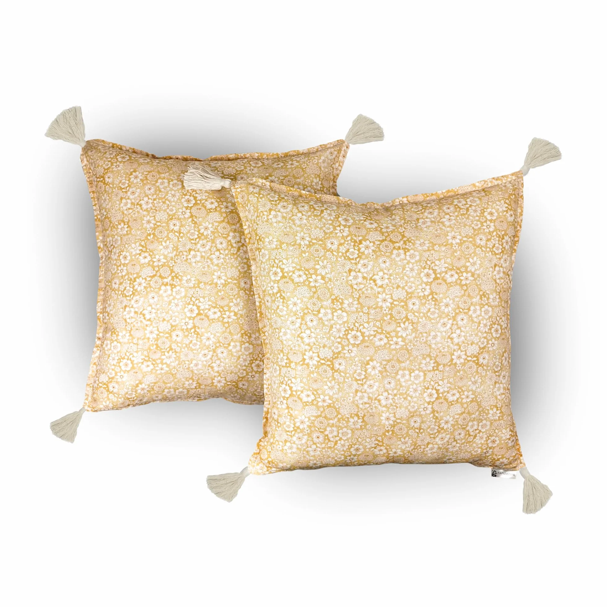TAPIDECOR | Pack 2 Fundas + 2 Rellenos Cojín | Modelo Liberty Camel | Decoración Hogar | Cojin para Cama, Sofa, Salon | Diseño Moderno y Elegante | Tejido Floral Camel | 4 Borlas Blancas | 45x45cm