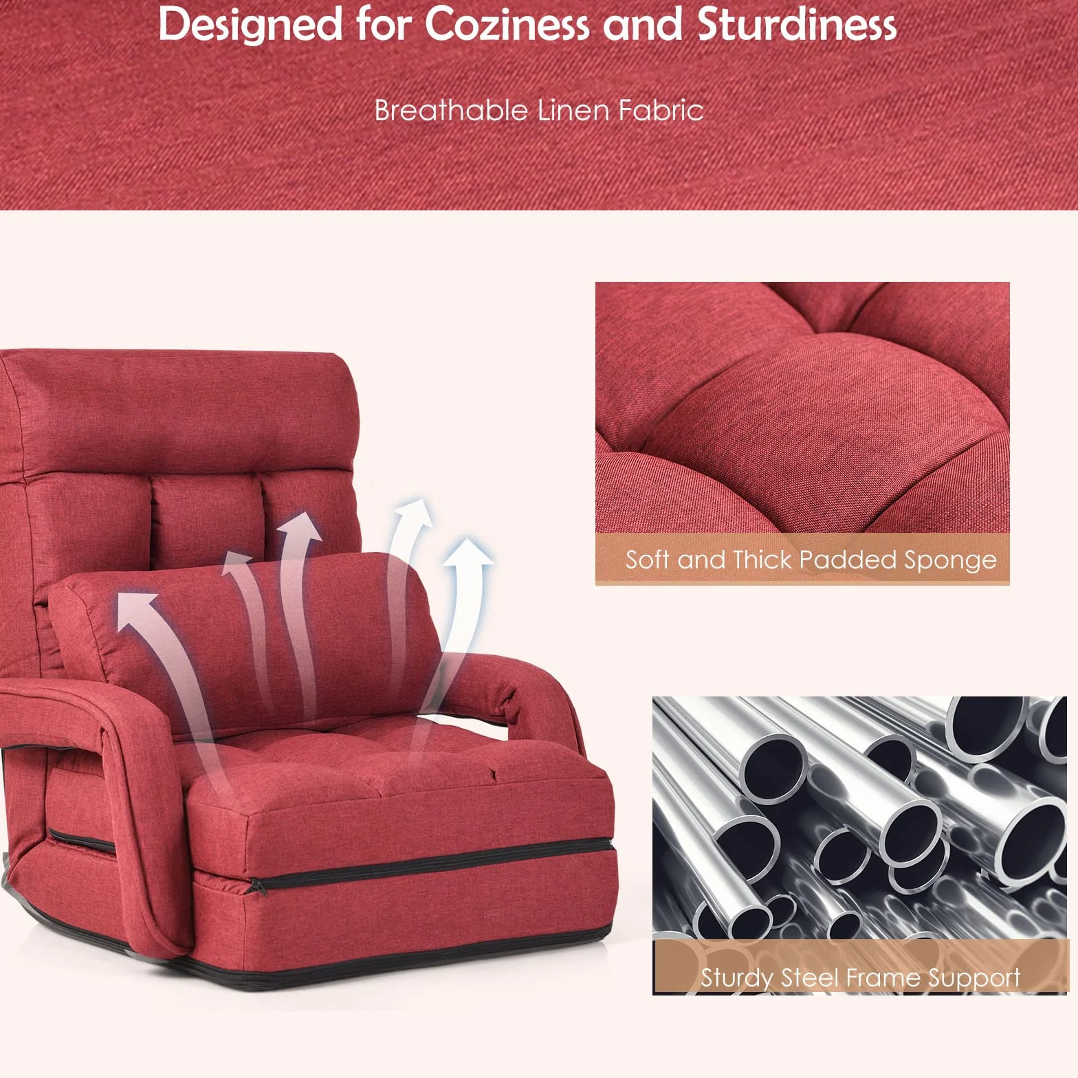 LIFEZEAL Sillón Individual Convertible, sofá Cama Plegable con Respaldo Ajustable en 5 Posiciones, Silla Suelo de 1 Plaza con cojín y reposabrazos, para salón, Dormitorio (Rojo)