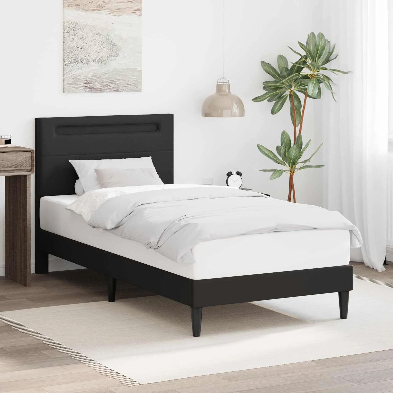 Marco de cama con tiras de luz LED, color negro, 90 x 190 cm, piel sintética, marco de cama moderno con fuente de alimentación USB para dormitorio, somier de láminas estable, patas de ahorro