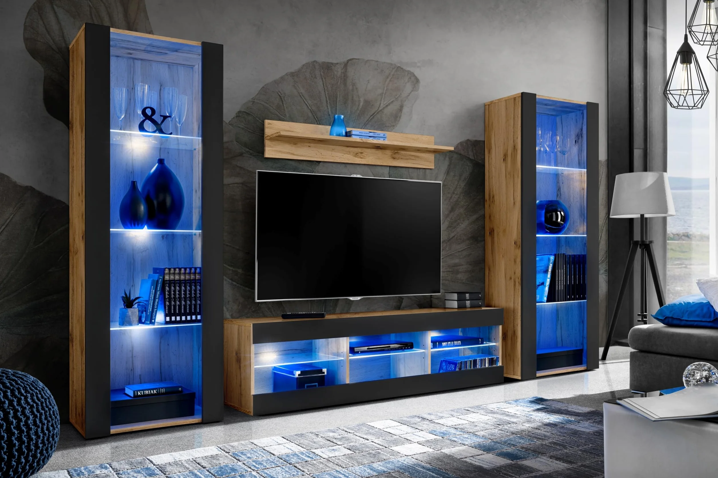 Komodee, Juego de Muebles Tivoli Grande, Negro Wotan, Ancho 290 cm x Alto 159 cm x Fondo 35 cm, LED Azul, para Sala, Dormitorio