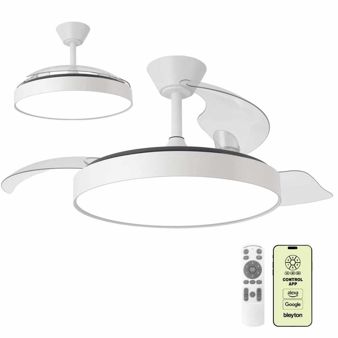 BLEYTON Ventilador Techo Aspas Retractiles Motor DC Silencioso 36W 107 cm | Ventilador NOVA Control Mando y WIFI, App y Voz | Color Blanco Luz LED | 6 Velocidades | Temporizador