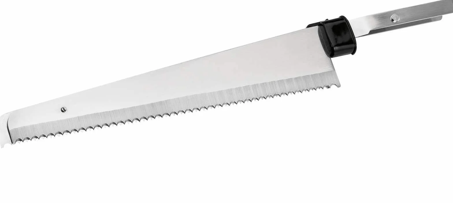 Clatronic Cuchillo eléctrico de cocina para carne, cuchillo de cocina eléctrico para alimentos congelados (hoja de acero inoxidable, afilado ondulado, cuchillo de pan, 120 W, negro)