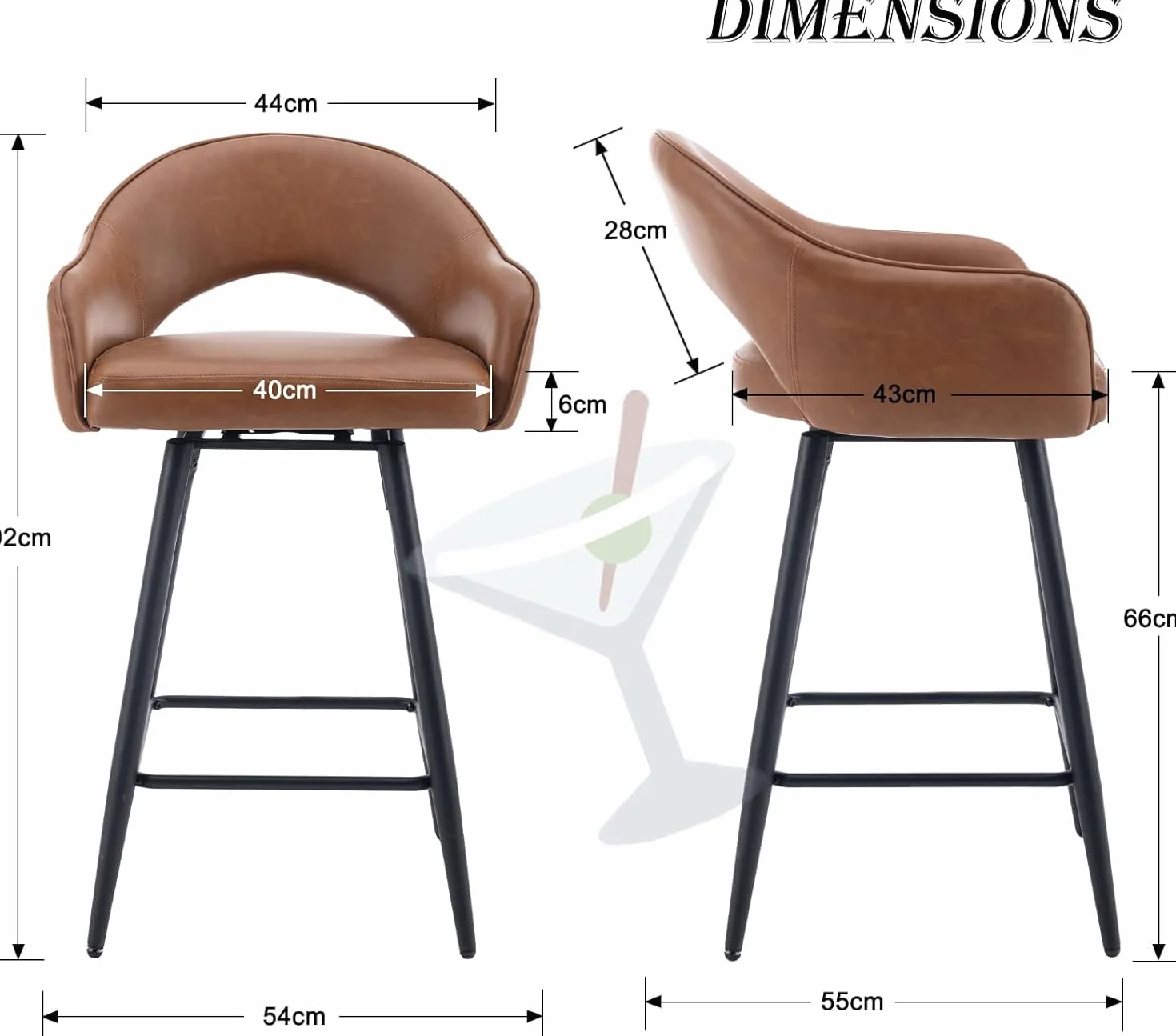chairus 2PCS Taburetes Altos Giratorio de Cuero PU, Marrón | Patas Metálicas, Cojín Grueso, Con Respaldo y Brazos