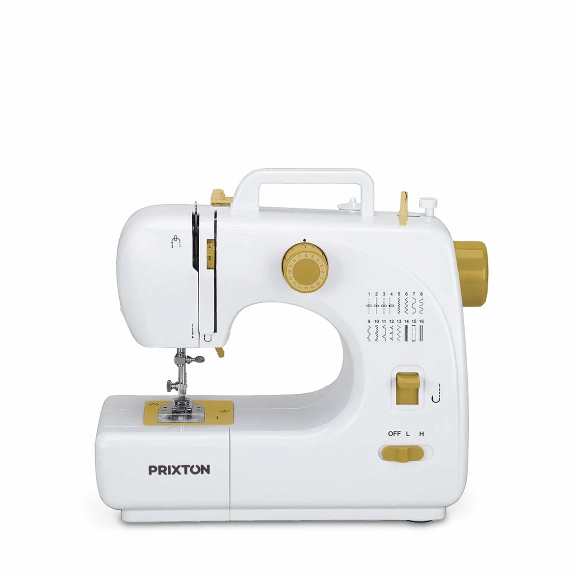 PRIXTON - Mini Maquina de Coser Portatil con Cajón para Accesorios, Lámpara Integrada y 16 Tipos de Puntadas Diferentes, Incluye Pedal | P120