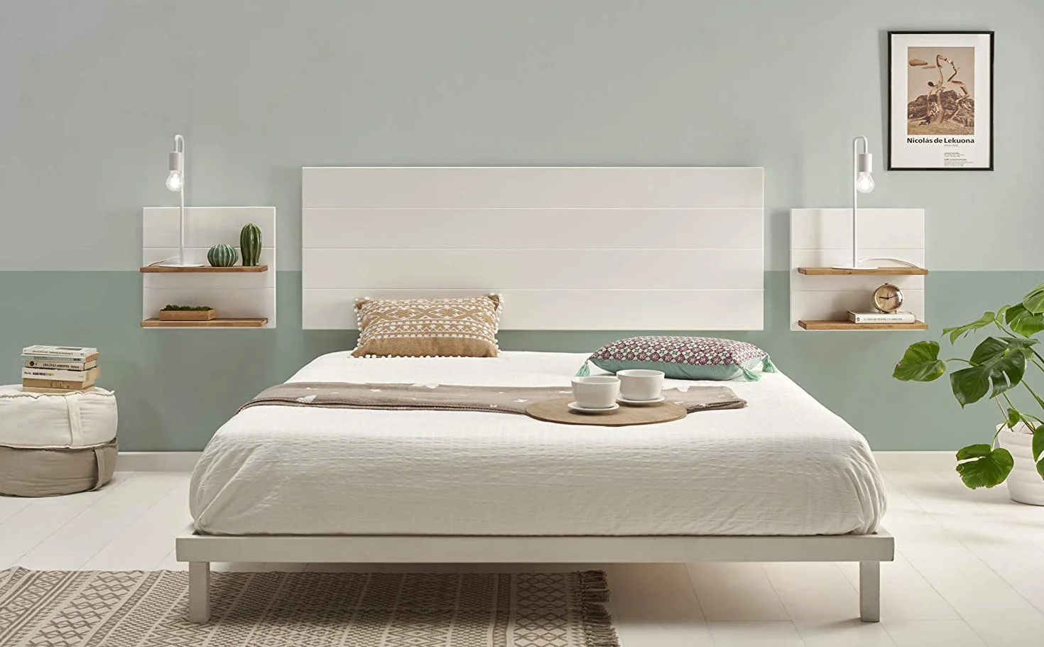 HOGAR24 ES Cabecero Madera Blanca + 2 mesitas con estantes Combinado Madera Maciza Natural Encerado y Fondo Blanco, Medidas cabecero; 155 x 60 x 2 cm