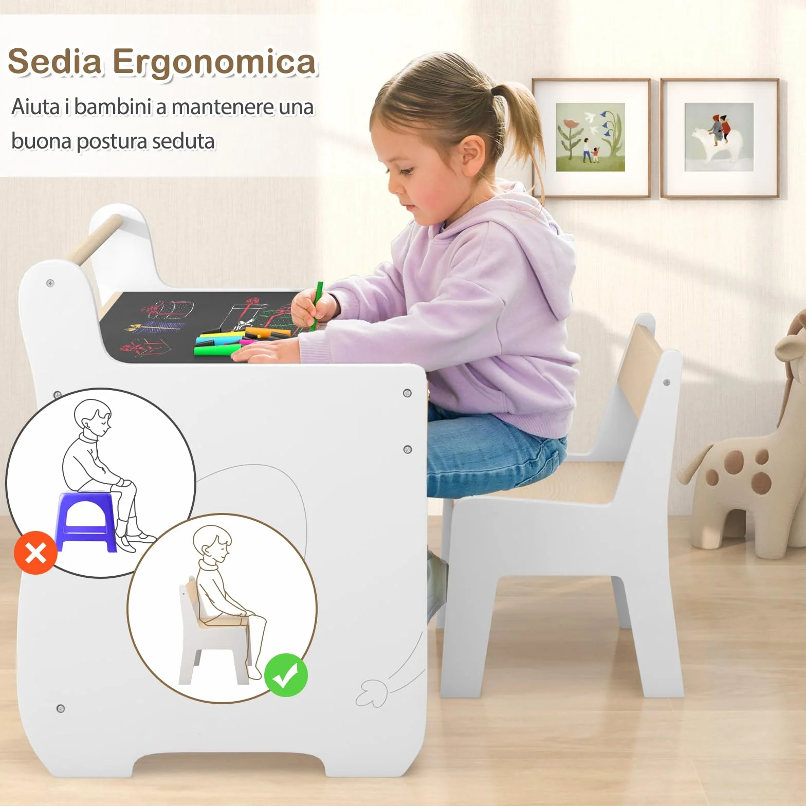 RELAX4LIFE Juego de mesa y silla 2 en 1 para niños, escritorio de madera con tablero extraíble de doble cara, amplio espacio de almacenamiento, diseño multifuncional para habitación de los niños