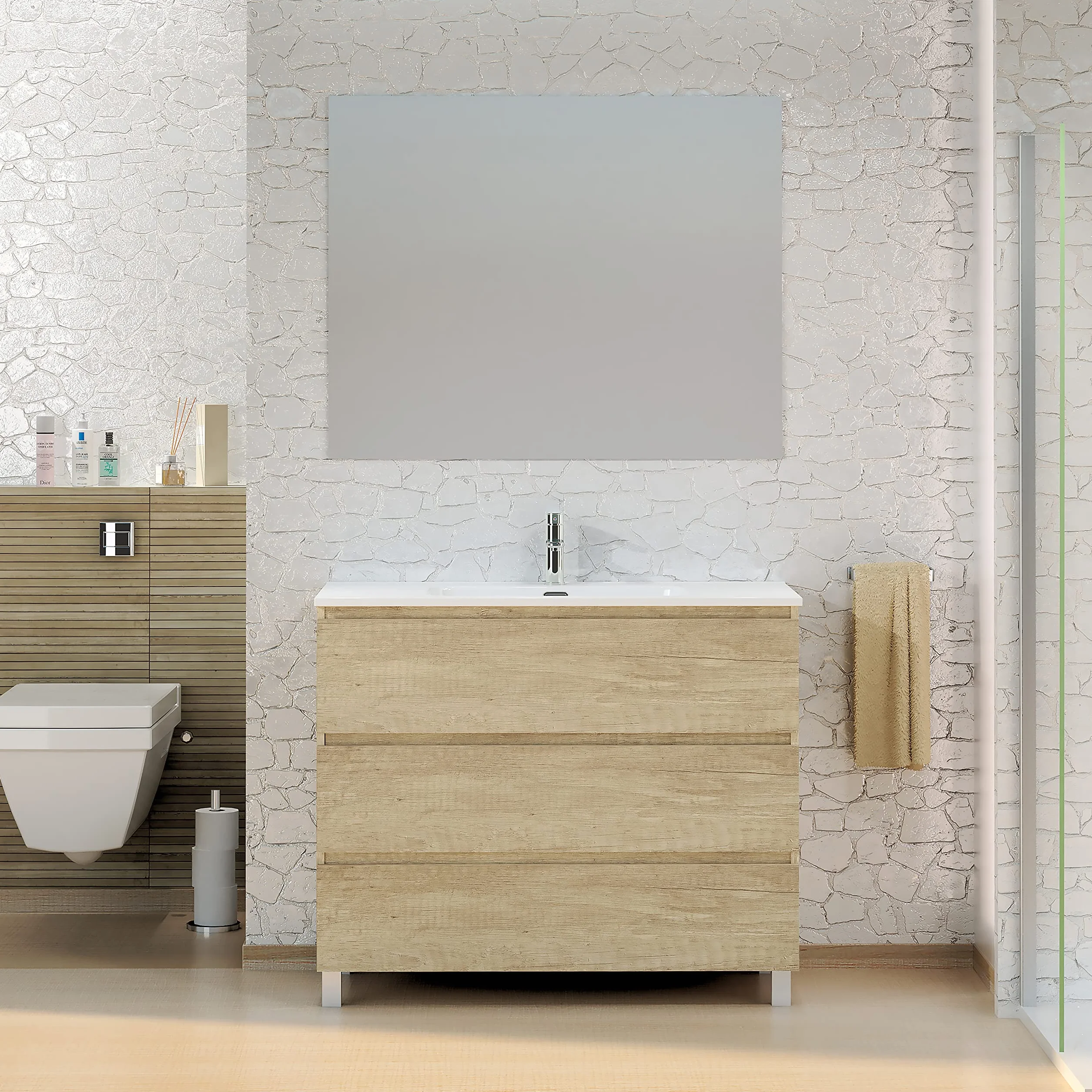 Baikal Conjunto de Mueble de Baño Neo con Espejo Luna Lisa, 3 Cajones, Melamina 16mm, Montado