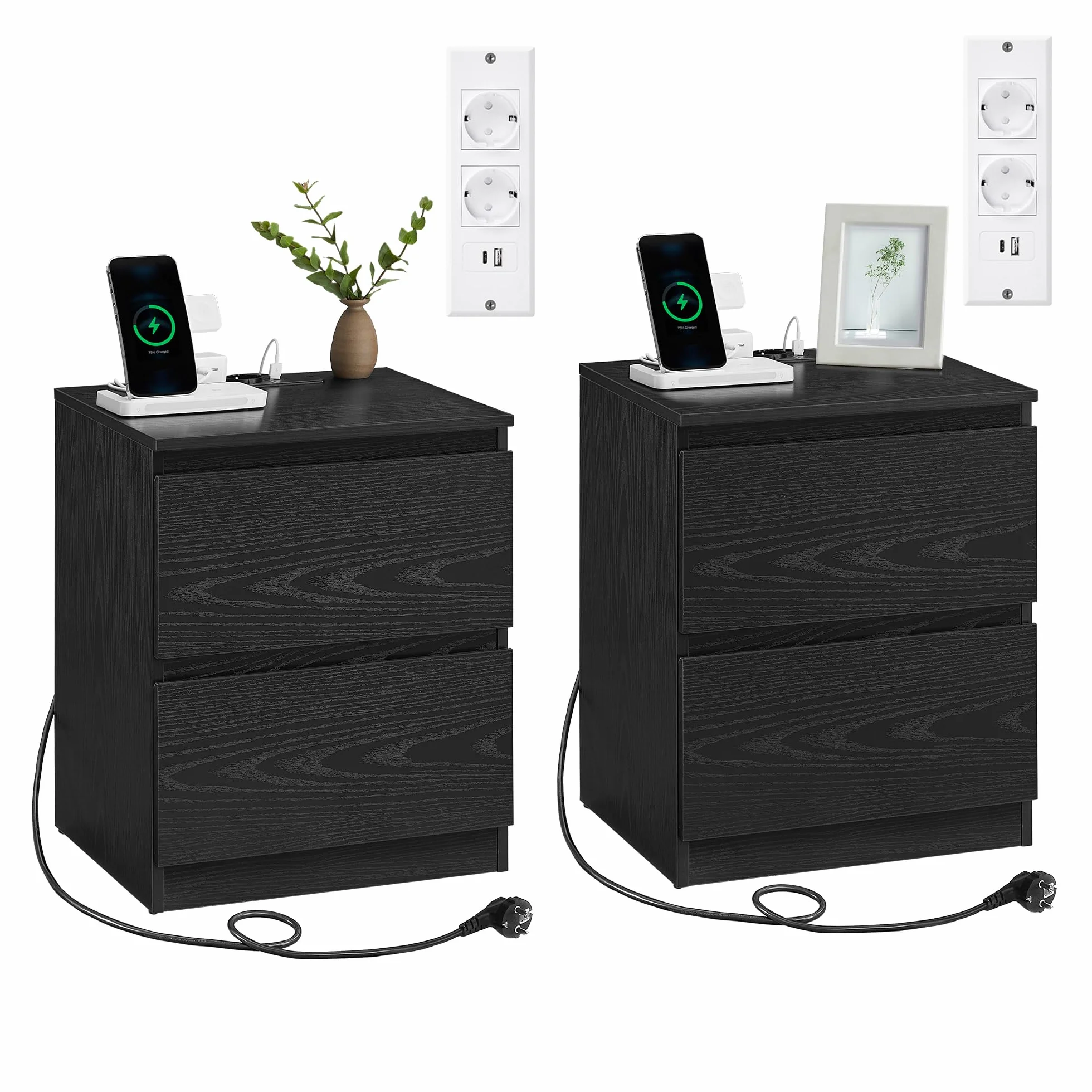 VASAGLE KAILYN Colección - Juego de 2, Mesita de Noche con Regleta de Enchufes, Mesa Auxiliar, 2 Cajones, 2 Tomas AC, 2 Puertos USB-A, Salón, Dormitorio, Negro Ébano LET821B02