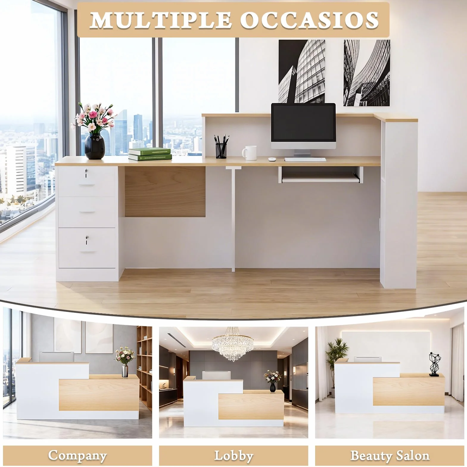 Escritorio de recepción grande de madera en forma de L, moderno mostrador de recepción con cajones con cerradura y bandeja de almacenamiento y teclado, para pagar, vestíbulo (madera natural izquierda