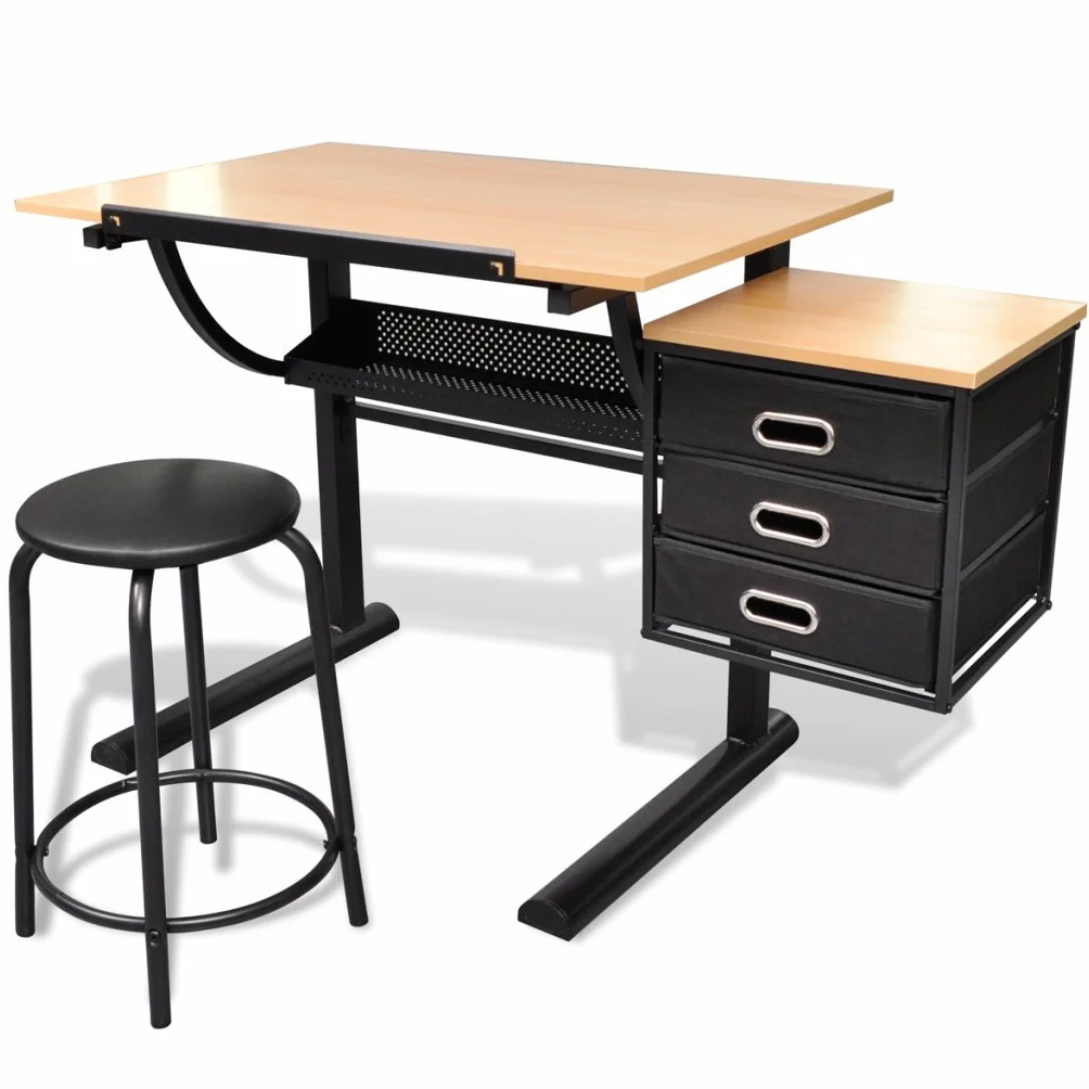 Anself - Mesa De Dibujo con Cajones Y Taburete, Escritorio Inclinable con Silla Y Tablero para Pintar Escribir