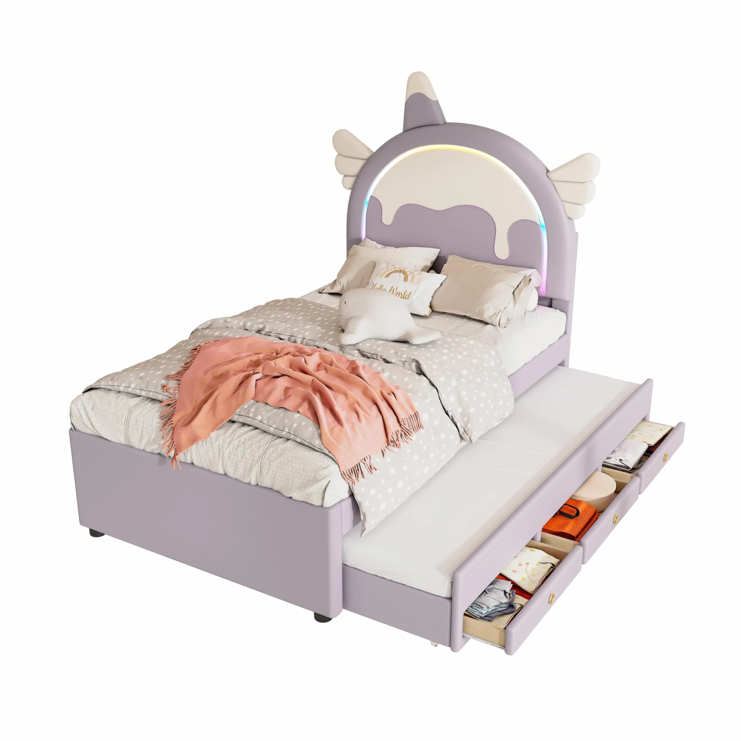 Azkoeesy Cama Infantil tapizada de 90 x 200 cm en Forma de Unicornio, con Cama Nido y 3 cajones, cabecero LED y Somie, para niña y Adolescente, Funda de Poliuretano, Color Morado