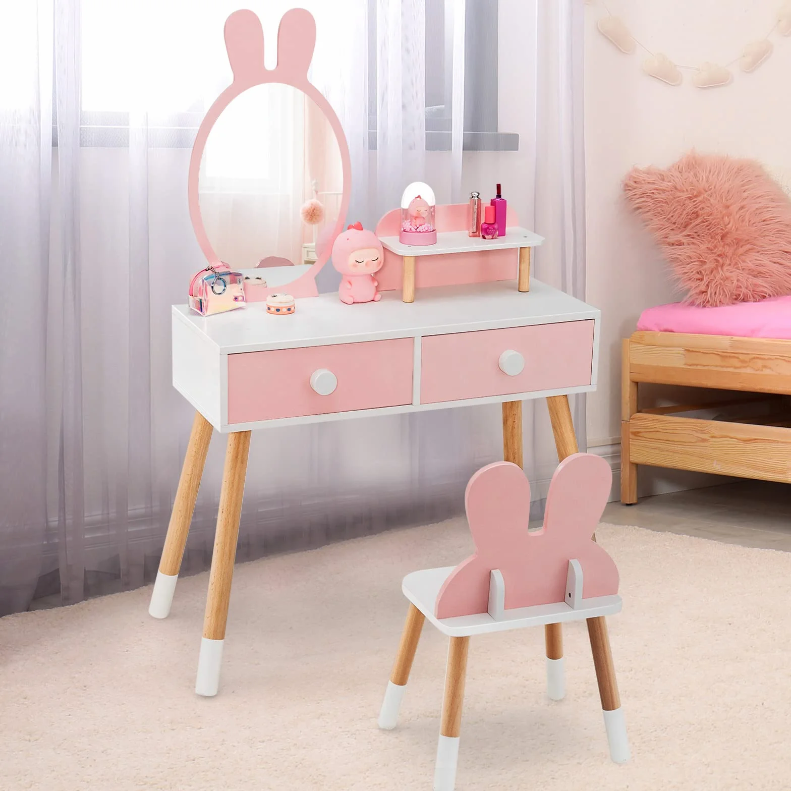 LIFEZEAL Tocador Infantil para niñas 3+, Juego de tocador con Taburete, Mesa de Maquillaje con Espejo en Forma de Conejo, Mesa Escritorio de Madera con 2 cajones y Estante（Rosa）