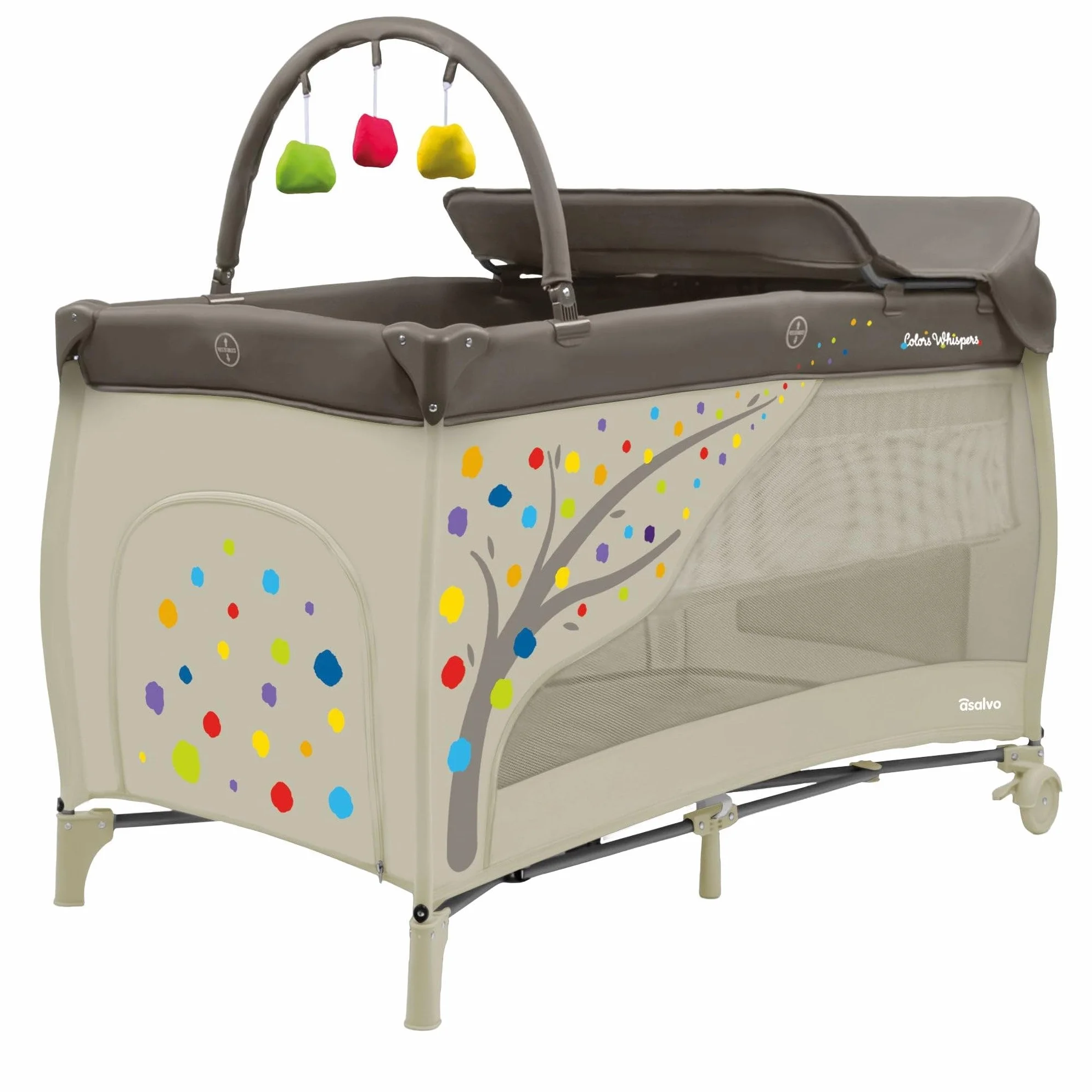 Asalvo Cuna de Viaje Completa con Doble Altura y Cambiador 0-15 kg – 120x60 cm – Plegado Compacto, Ruedas con Freno y Bolsa de Transporte (Arbol Beige)