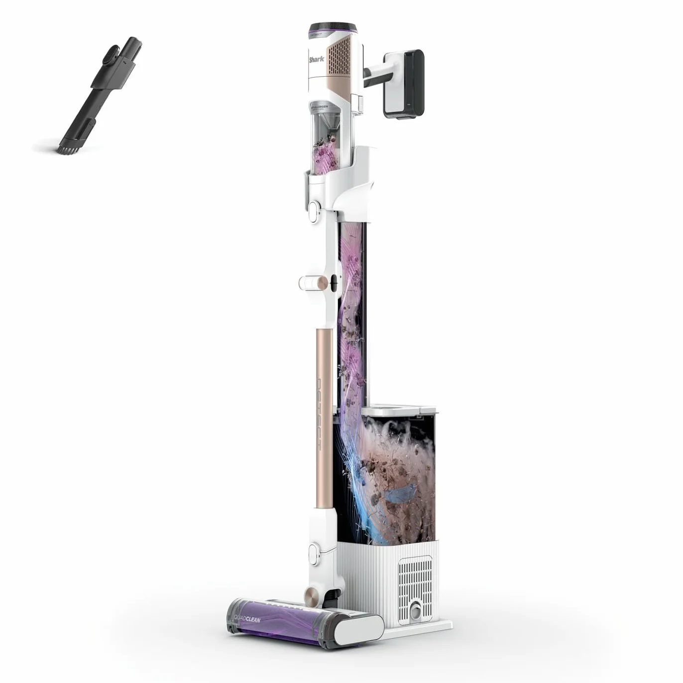 Shark Detect Clean & Empty Aspiradora sin cable y sin bolsa, tecnología Dirt Detect y base de autovaciado de 2 l, 60 min. de autonomía, Anti Hair Wrap y boquilla estrecha y cepillo, blanco, IW3612EU