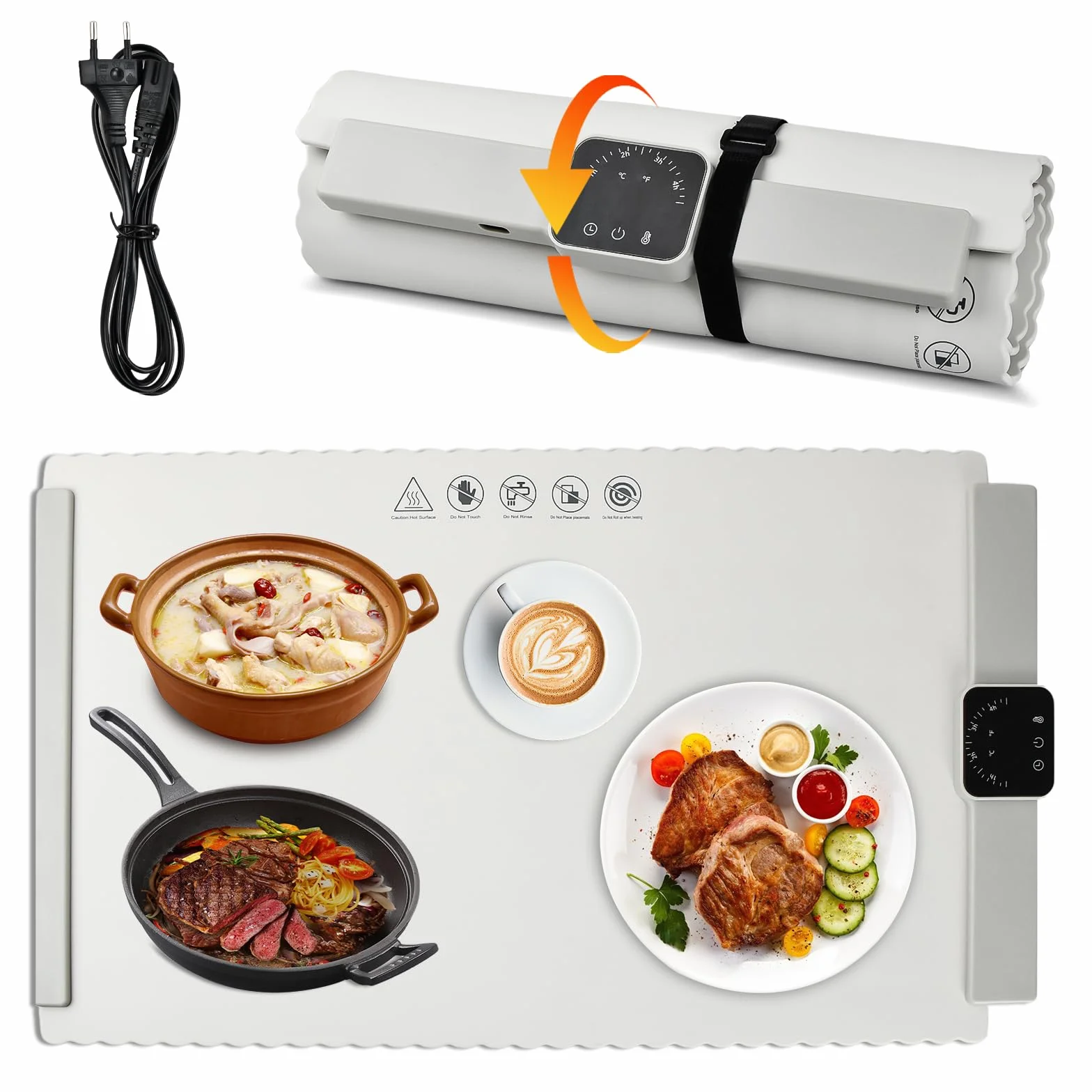 Bandeja Calentadora Eléctrica, Calentador de Alimentos de Silicona, Placa Calentadora de Alimentos Plegable con Temperatura Ajustable, Bandeja de Calentamiento de Alimentos para Familia