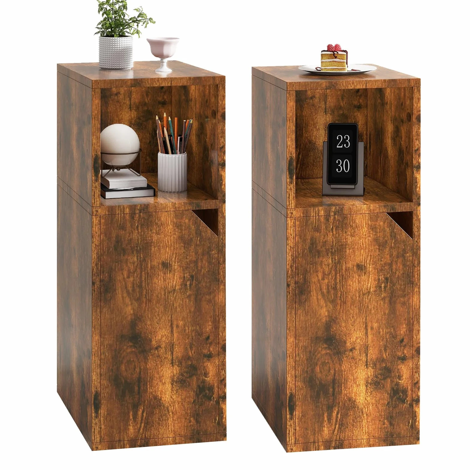 YMYNY Mesita de Noche Estrecha, Juego de 2, Mesa Auxiliar, Mesilla de Noche, Compartimento Abierto, Estante Ajustable, 24 x 29 x 62 cm, de Madera, para Dormitorio, Salón, Marrón Rústica HST016H-2