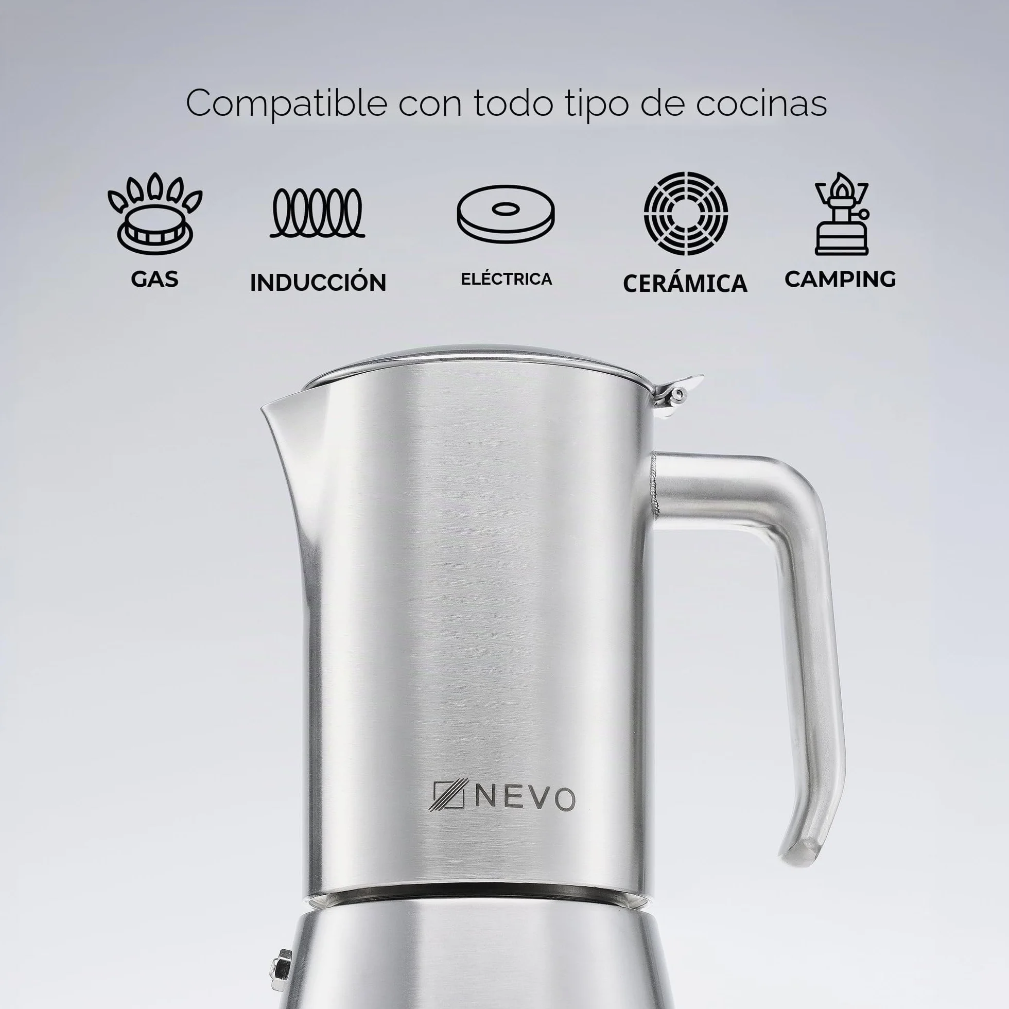 NEVO Cafetera de inducción de acero inoxidable, 6 tazas, libre de BPA y sostenible, para todo tipo de fuegos y camping, apta para lavavajillas, juego premium de cafetera moka – elegante para los