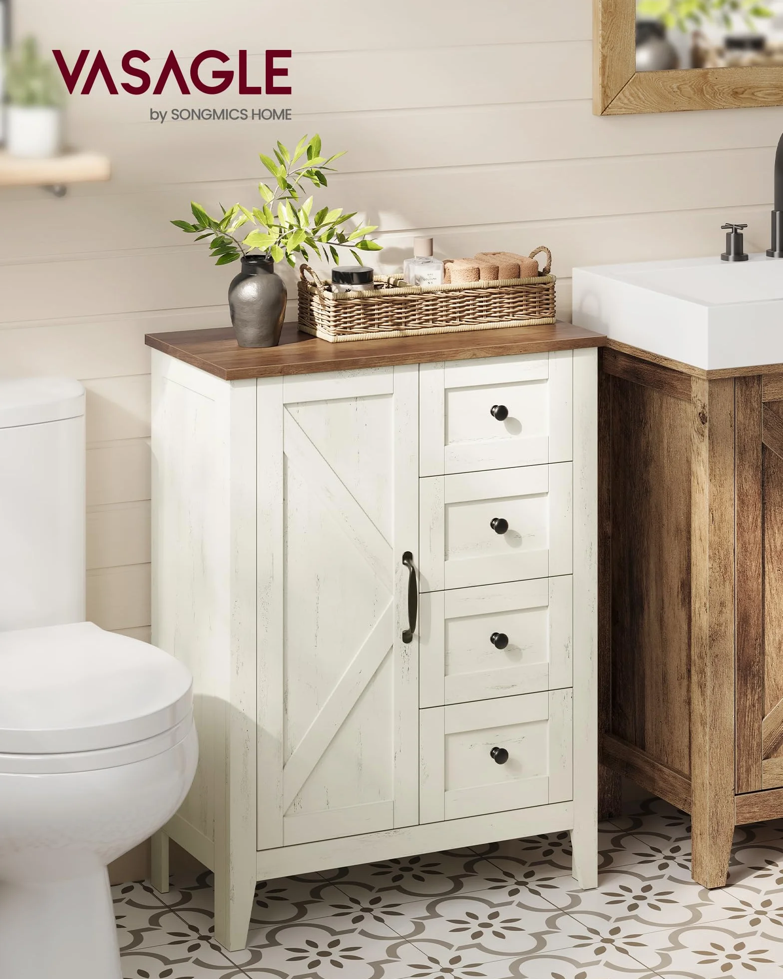 VASAGLE LIRY Colección - Armario de Almacenamiento, Mueble de Baño Estilo Campo con 4 Cajones, Organizador Independiente, Puerta de Granero, Estante Ajustable, Blanco Rústico BBK753W01