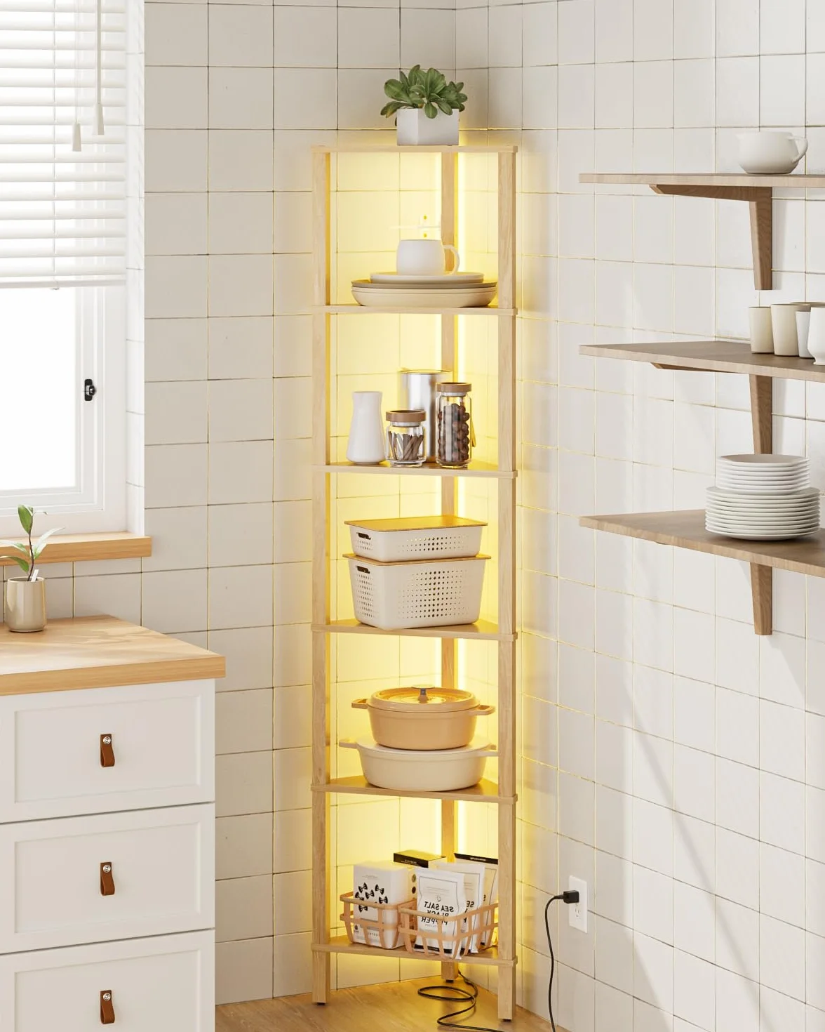 Estantería esquinera de 6 Niveles con luz LED, estantería Triangular de pie, Mueble Organizador Que Ahorra Espacio para salón, Dormitorio, Cocina o baño, Acabado Roble, 37 × 27 × 150 cm