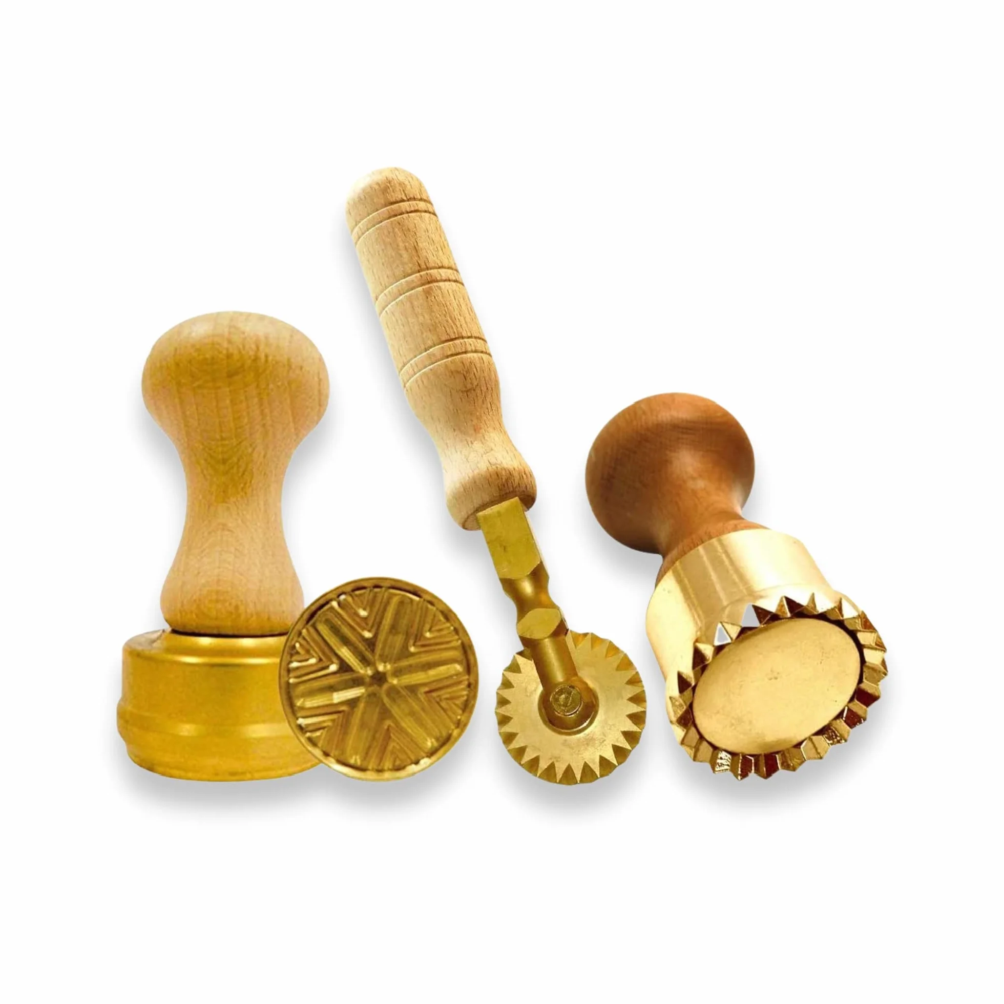 La Gondola Set de 3 Utensilios para Pasta Fresca - Cortador de Raviolis Redondo Corzetti (Corsets) y Redondo Festoneado de 50 mm y Cortador de Rueda Festoneada | Cortapastas de Latón y Madera Natural