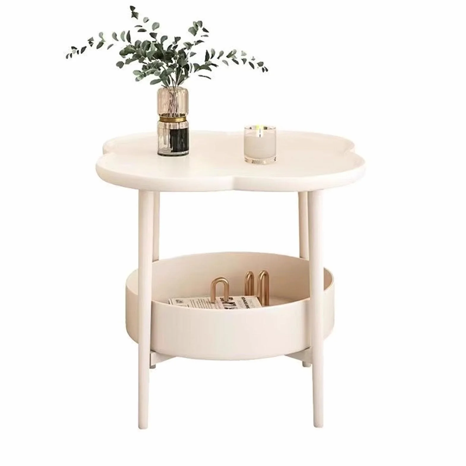 Mesa Auxiliar Redonda De 2 Niveles, Mesa Auxiliar De Cama Con Bordes Elevados, Mesilla De Noche Pequeña, Mesa De Té De Sobremesa En Forma De Flor Para Sala De Estar, Dormitorio, Oficina(White)