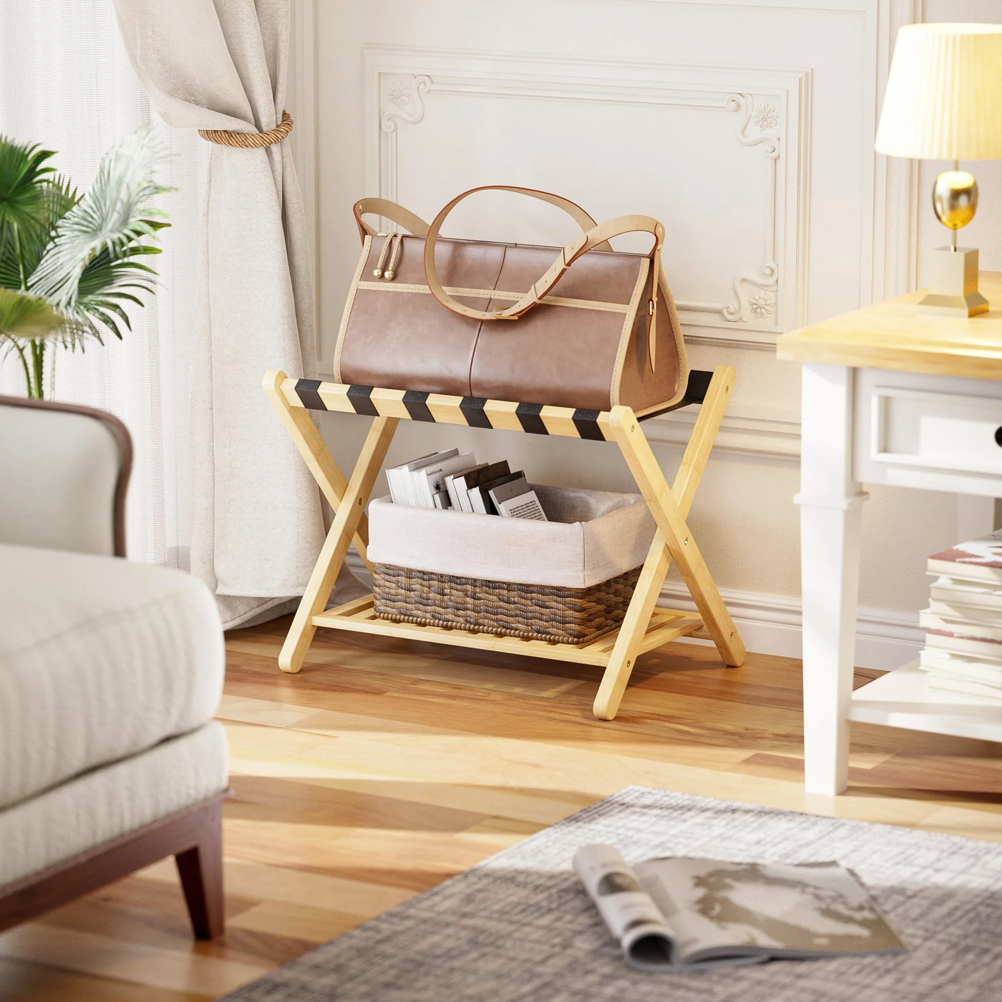 SMIBUY portaequipajes, plegable para maleta de bambú con estante de almacenamiento para habitación, dormitorio, hotel, servicio pesado (natural y negro)