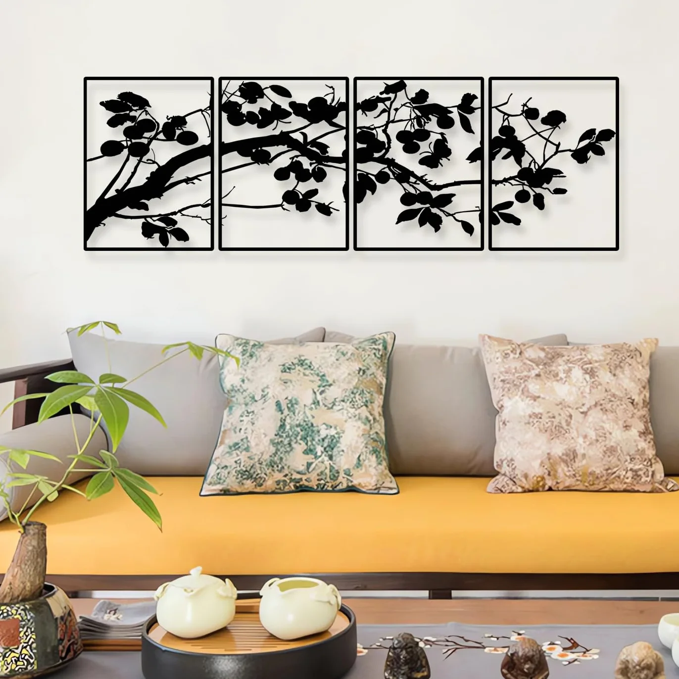 Pduoduo Decoración de Pared Con Ramas de Árbol Negro - Letrero Colgante Moderno de Metal, Escultura Para Decoración del Hogar - Paquete de 4
