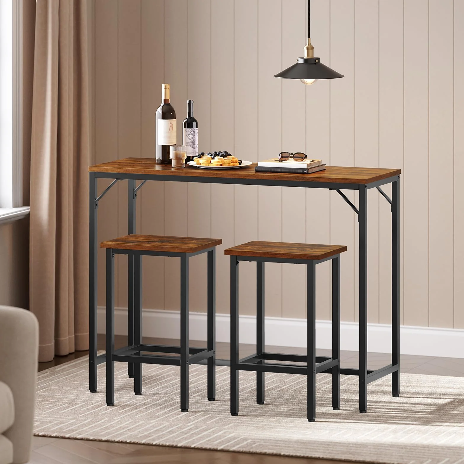 HOOBRO Juego de Mesa y 2 Taburetes de Bar, Estilo Industrial, 120 x 40 x 91 cm, Negro y Marrón Rústico