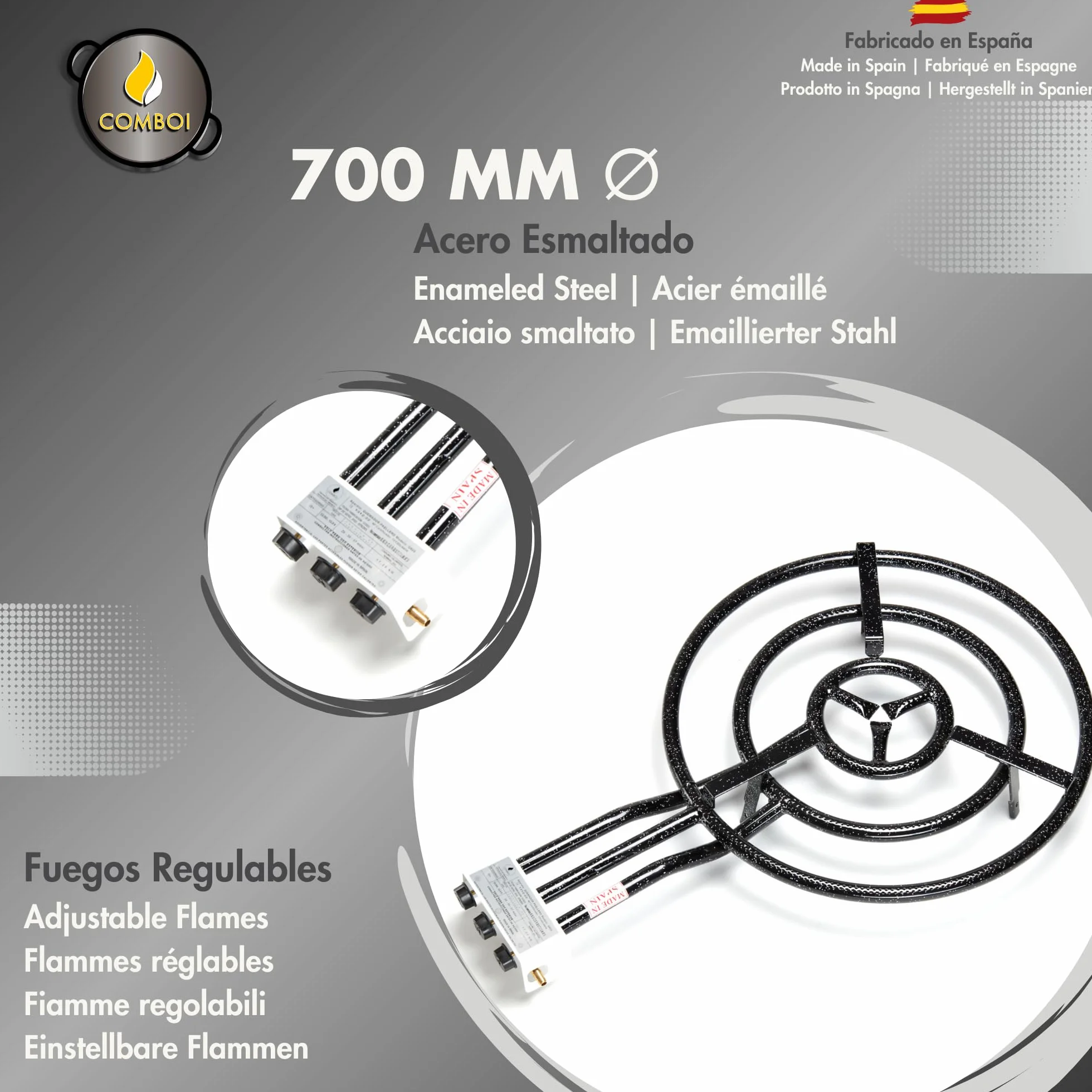 COMBOI Kit Paellero Gas Butano 70 cm – Paellera Esmaltada 90 cm, Patas Reforzadas, Regulador, Manguera, Nivel, Delantal y Recetario Digital – Quemador de 3 Aros para Exterior