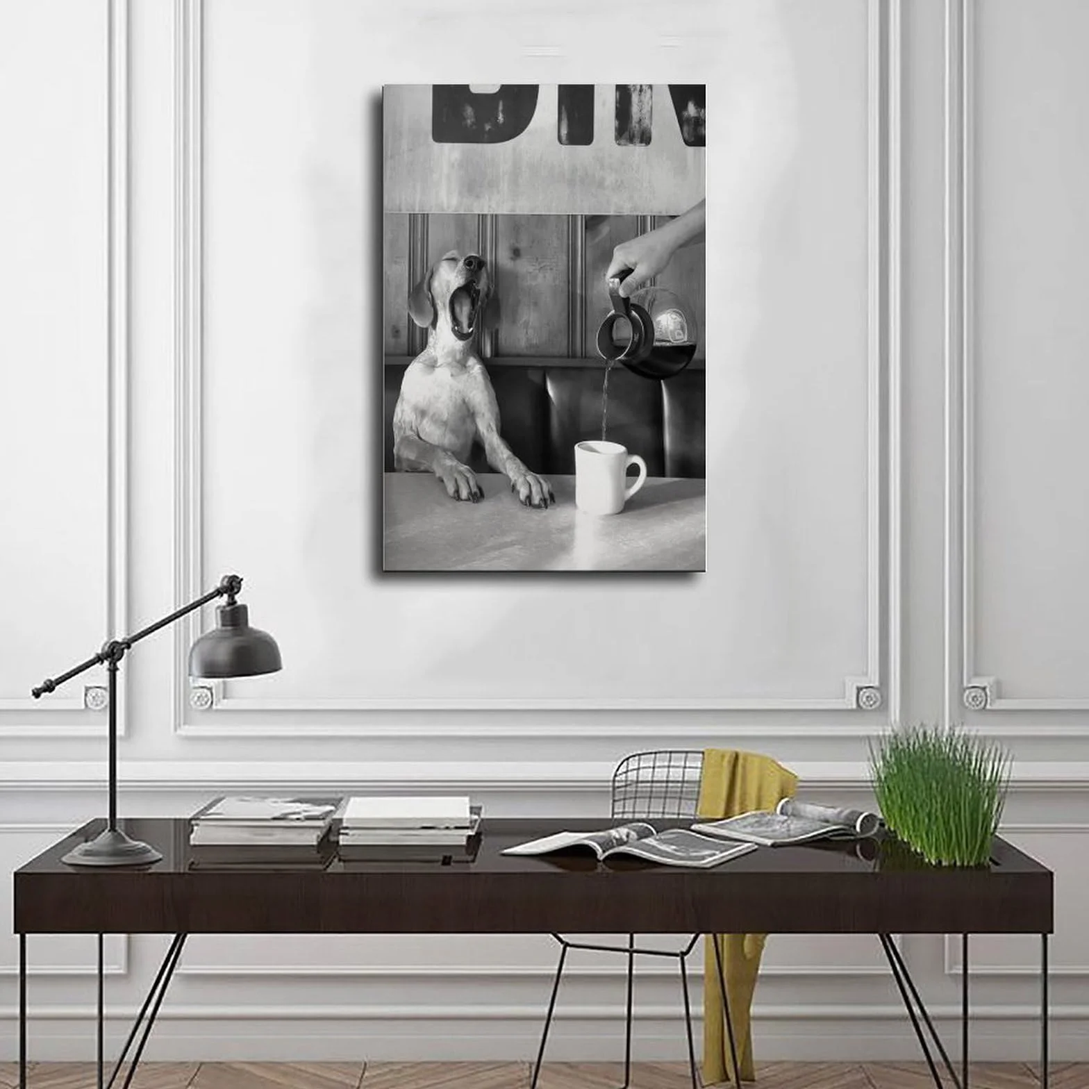 Póster de lienzo retro en blanco y negro con diseño de perro bebiendo café, decoración de dormitorio, paisaje, oficina, habitación, regalo, 40 x 60 cm