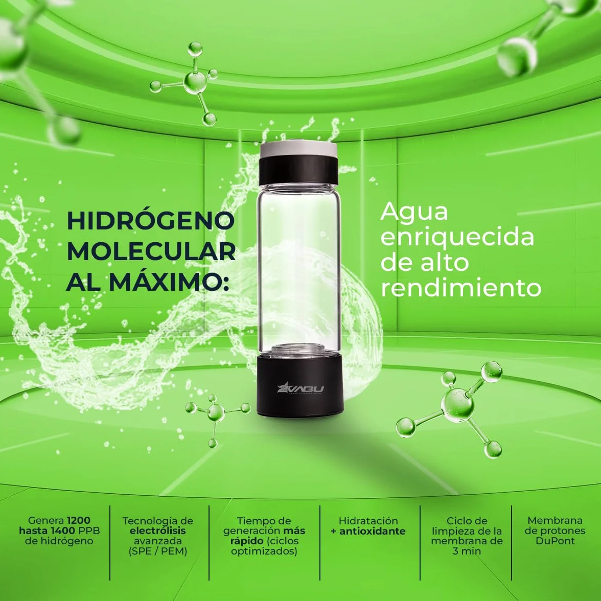 Botella de Agua Hidrogenada – 1400 PPB de Hidrógeno Molecular – Tecnología SPE/PEM de Alta Pureza – Incluye Funda Protectora - Auto limpieza Membrana - 400 ml (Molecular Sport)