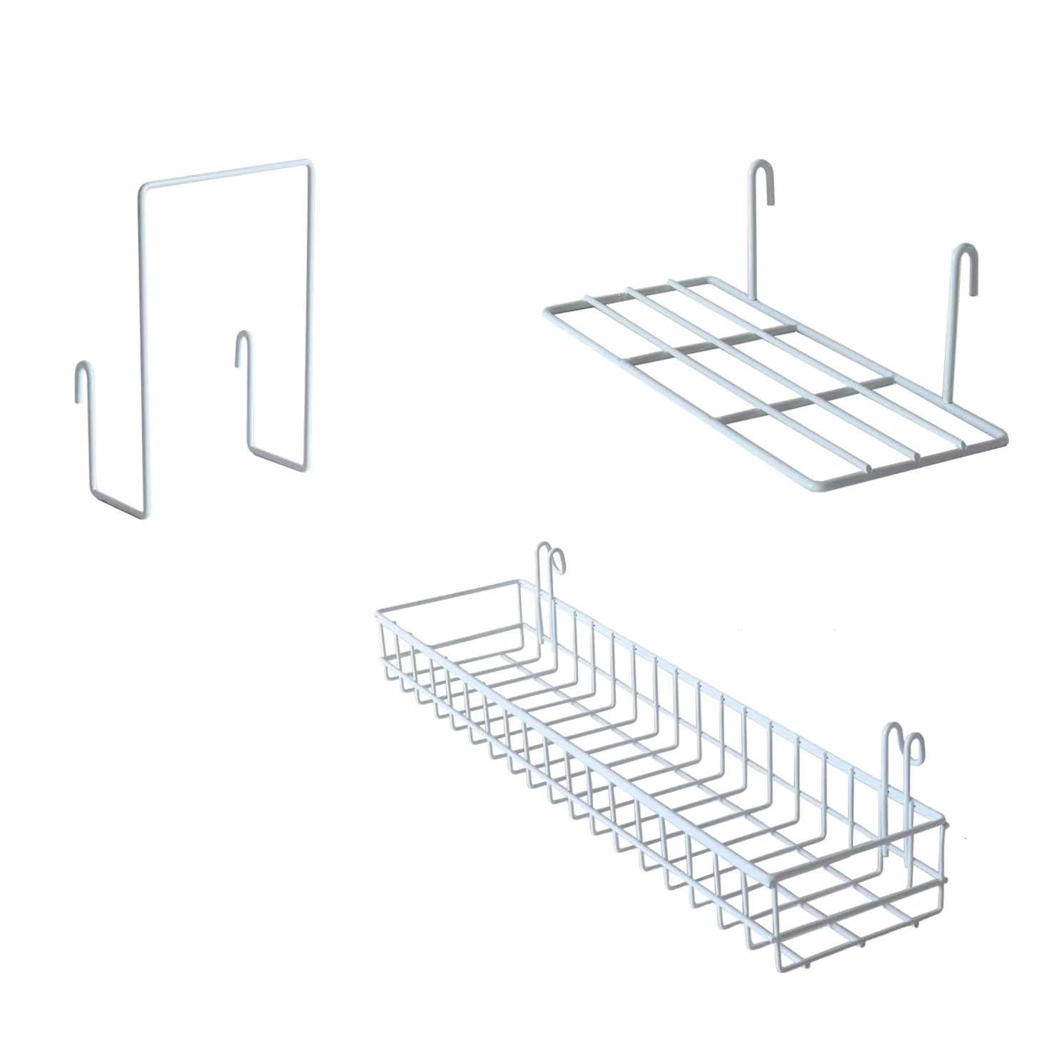 Cesta de pared con ganchos, estantería, estante expositor, organizador de pared y estante de almacenamiento para suministros del hogar, 1 juego de 3