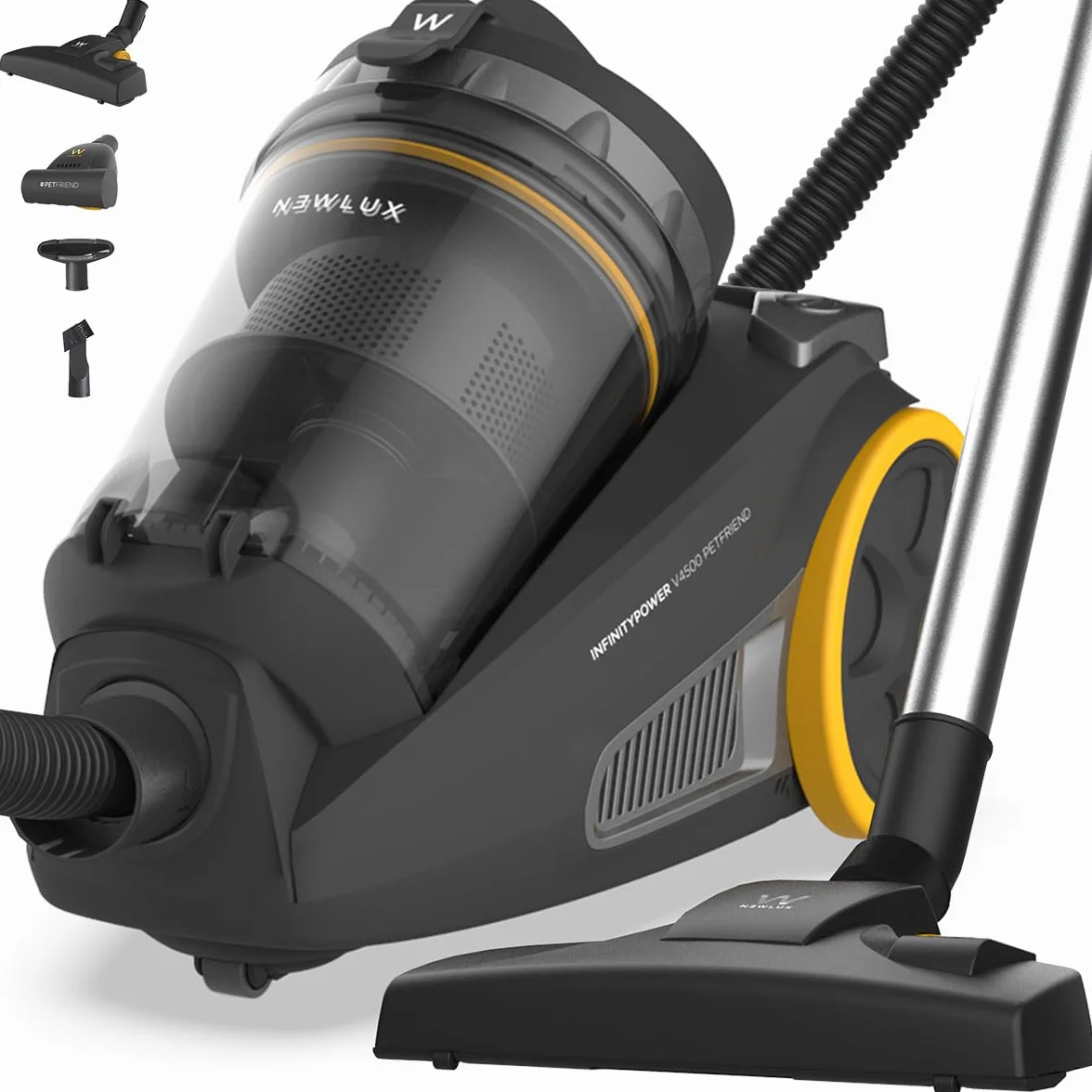 Newlux - Aspiradora sin Bolsa Potente (20Kpa) InfinityPower V4500 con Sist. Ciclónico, Depósito 3L XXL, Filtro HEPA 13 y 6 Fases de filtrado | Cepillo Rotativo de Animales | Potencia Regulable