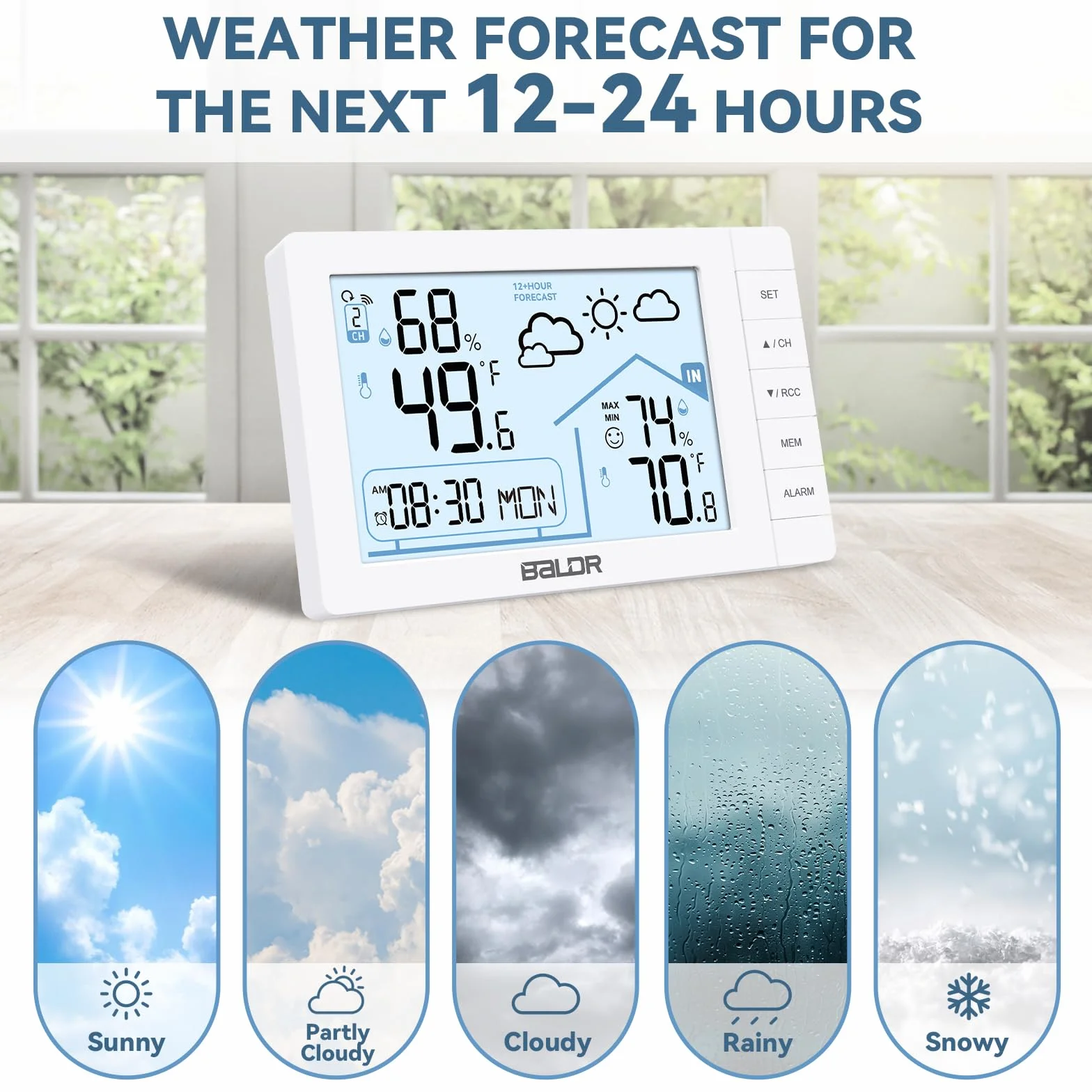 Estación Meteorológica Inalámbrica con Sensor, Termómetro Interior y Exterior, Medidor de Humedad, Pronóstico del Tiempo, Reloj Despertador Digital Pared con Alarma, Fecha