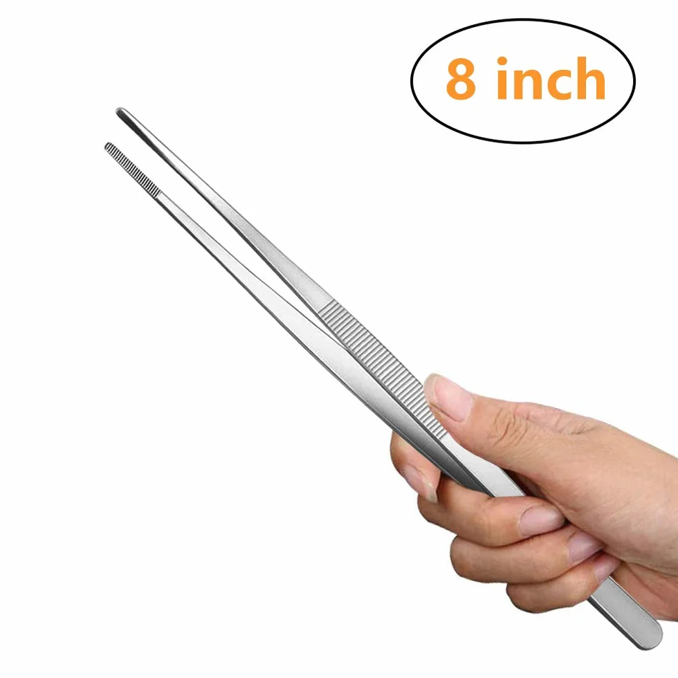 Pinzas de cocina de acero inoxidable de 8 pulgadas de largo, pinzas grandes resistentes para alimentos con puntas dentadas de precisión para cocinar (8 pulgadas rectas + curvas)