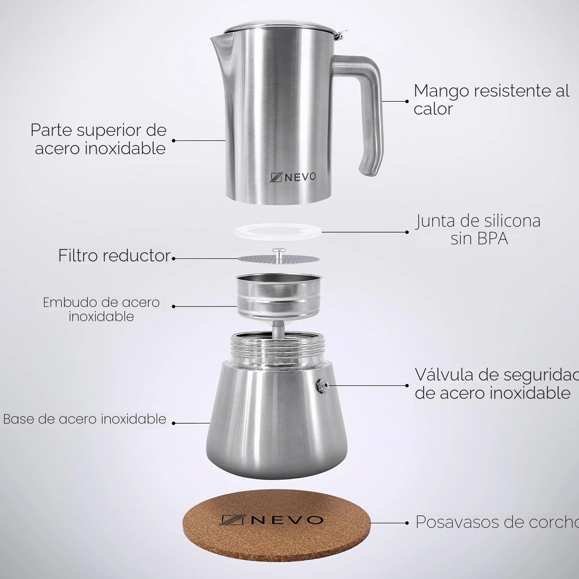 NEVO Cafetera de inducción de acero inoxidable, 6 tazas, libre de BPA y sostenible, para todo tipo de fuegos y camping, apta para lavavajillas, juego premium de cafetera moka – elegante para los