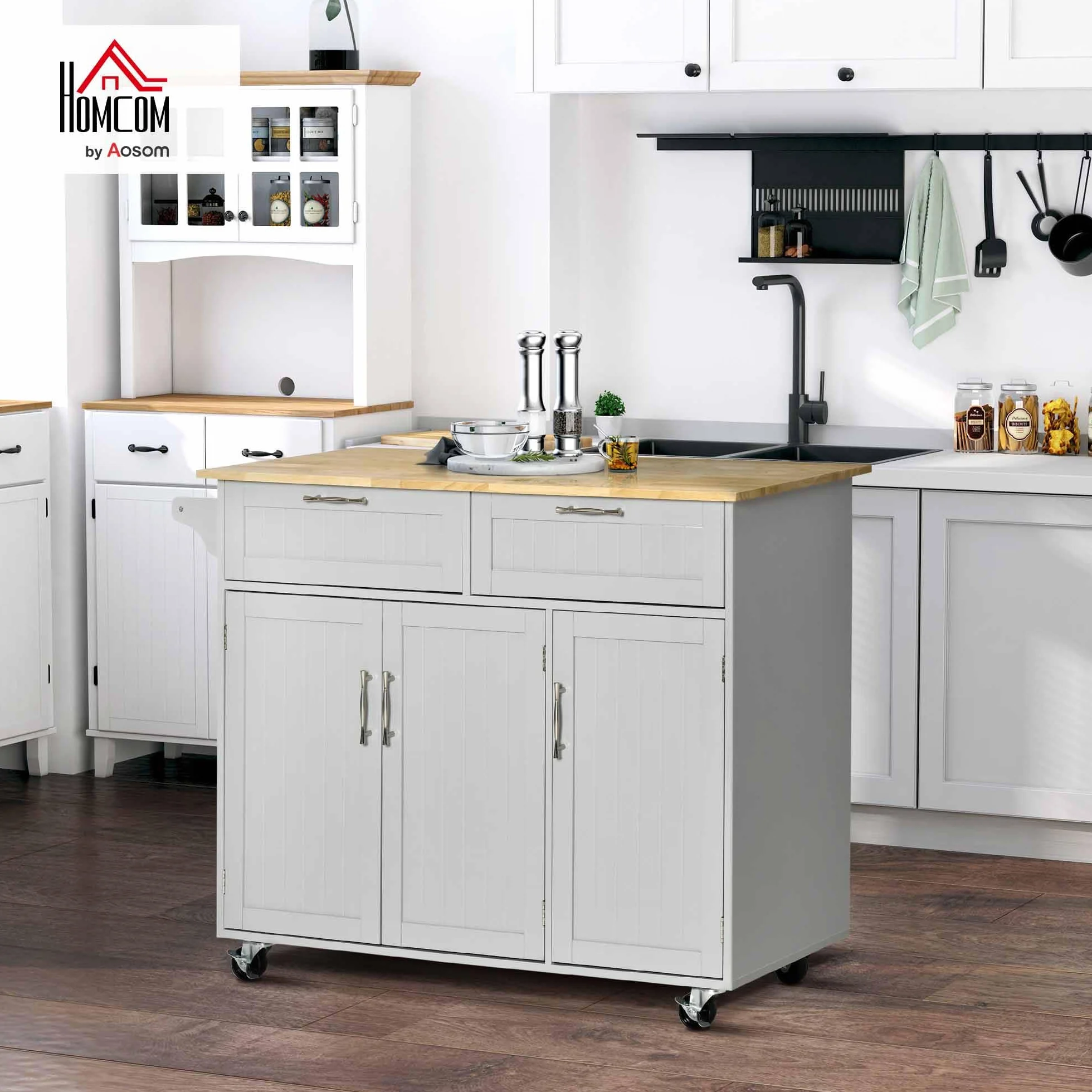 HOMCOM Isla de Cocina con Ruedas Carro de Cocina Mueble Auxiliar de Cocina con 2 Cajones 3 Puertas y Barra Lateral para Comedor 121x46x91 cm Gris