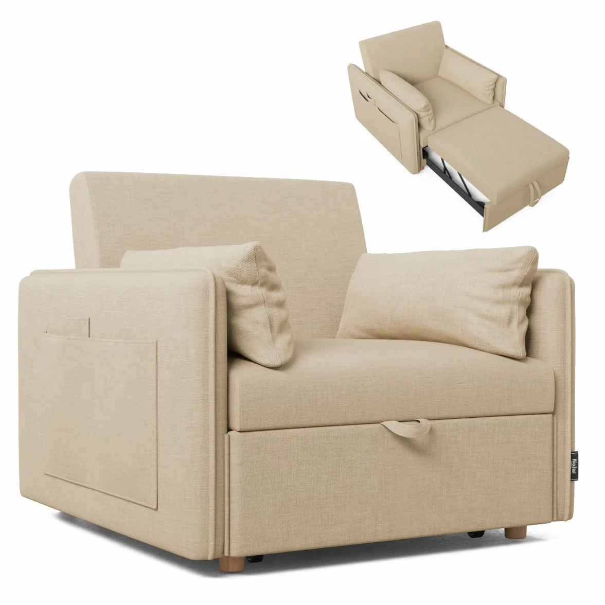 Nalui-Sofá Cama 1 Plaza 3 en 1 Nest 1 93x100x79cm con 3 Posiciones y 2 Almohadas (55x20cm). Sofá Cama Individual, Soporta hasta 200Kg. Sillón Cama Reclinable con Reposabrazos, Beige