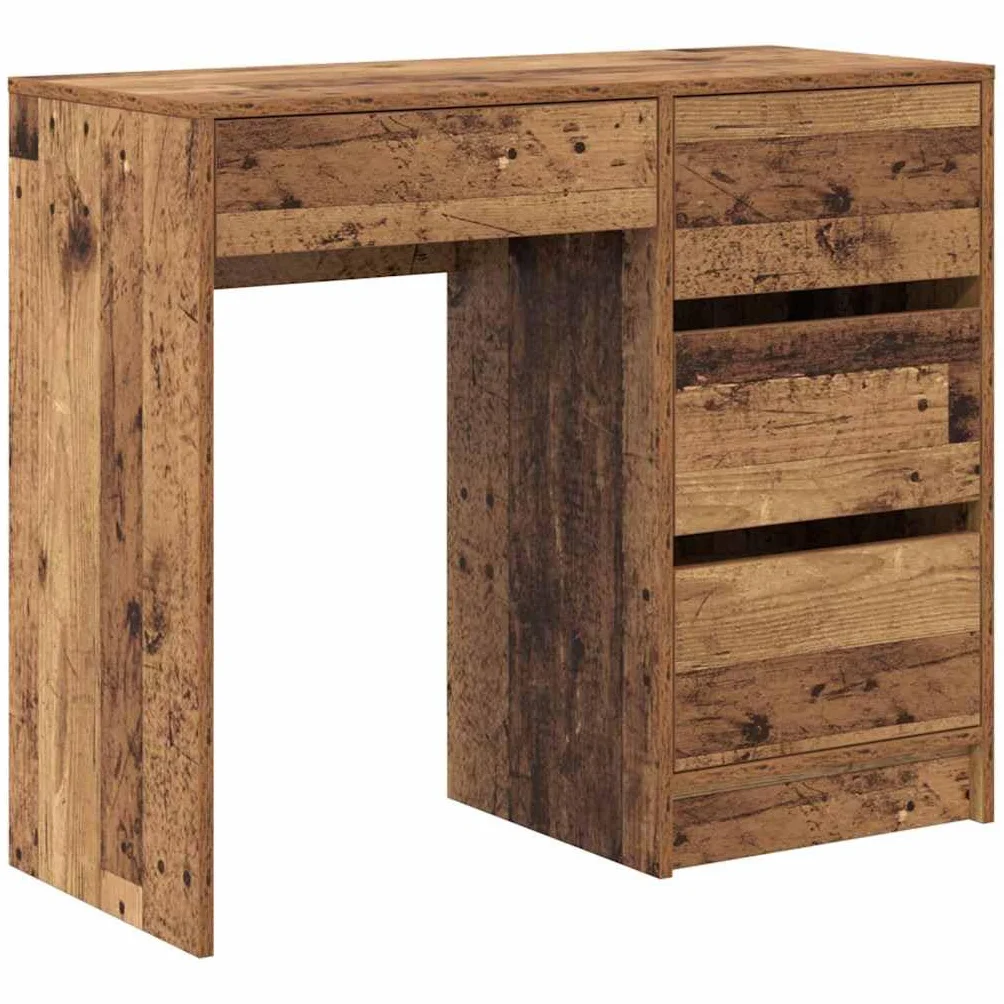 Escritorio Madera Ingeniería 90 x 37,5 x 75 cm | Con cajones y estantes, para teletrabajo, almacenamiento de CPU y cables, acabado textureado