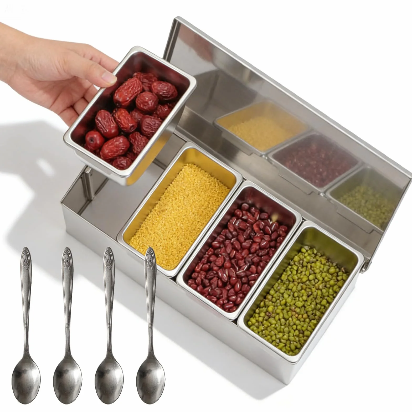 PORFOYO Contenedor de ingredientes de acero inoxidable, recipiente de ingredientes para pizza, 4 compartimentos con tapa y cuchara gruesa de pared, duradero, resistente a la corrosión, con