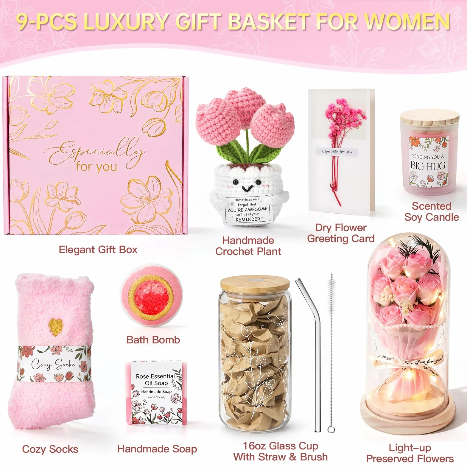 Regalos para mujeres, mamá, su amiga, hermana, esposa, rosa eterna iluminada y vela, cesta de regalo relajante para el cuidado personal, regalo de spa, regalos de cumpleaños y Navidad
