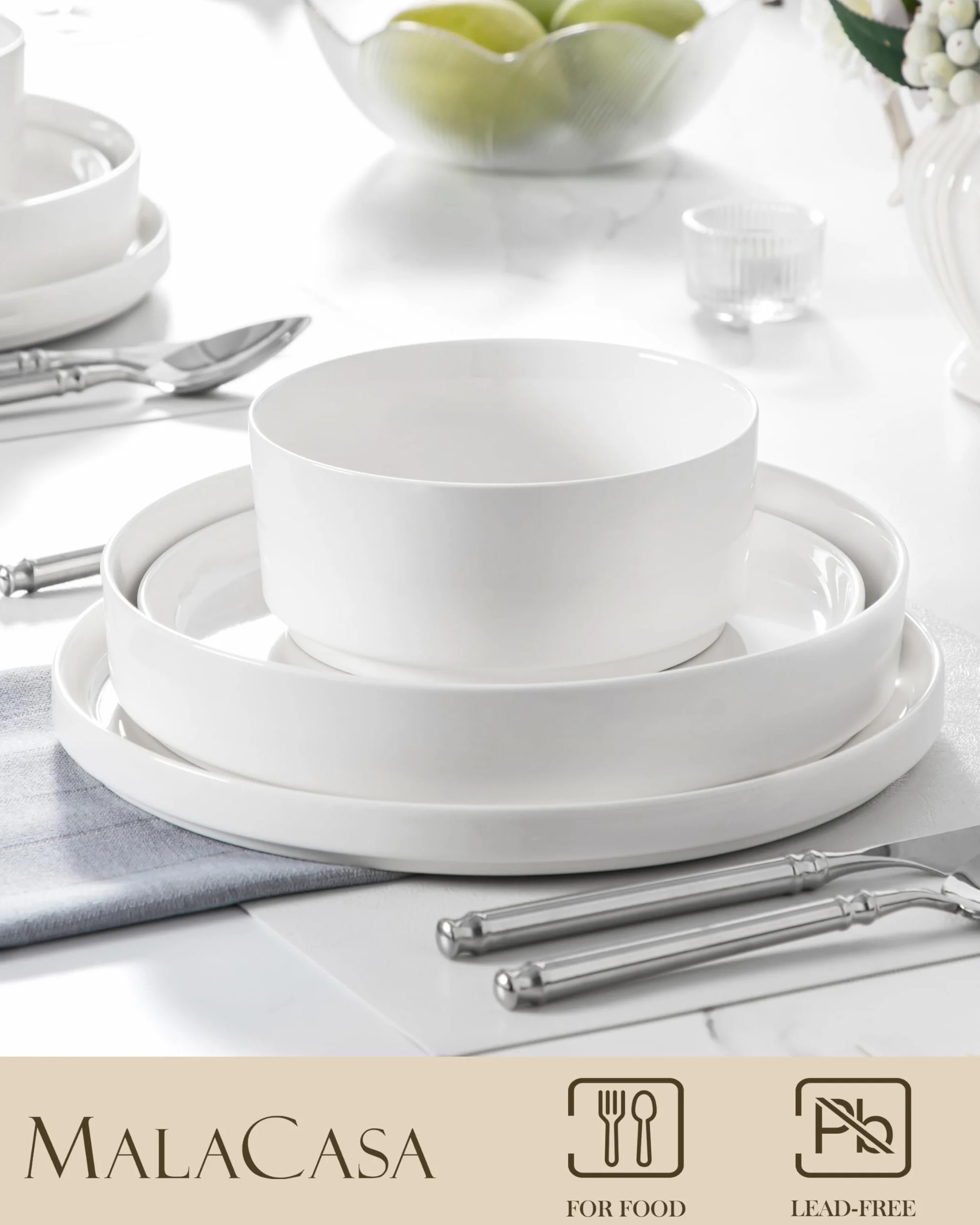MALACASA Vajilla Completa 6 Personas, 24 Piezas Juego de Platos Vajilla, Vajilla de Porcelana Blanca con 6 Platos Llanos, Platos Postre, Platos Hondos, Platos Hondos Sopa, Serie LEAH