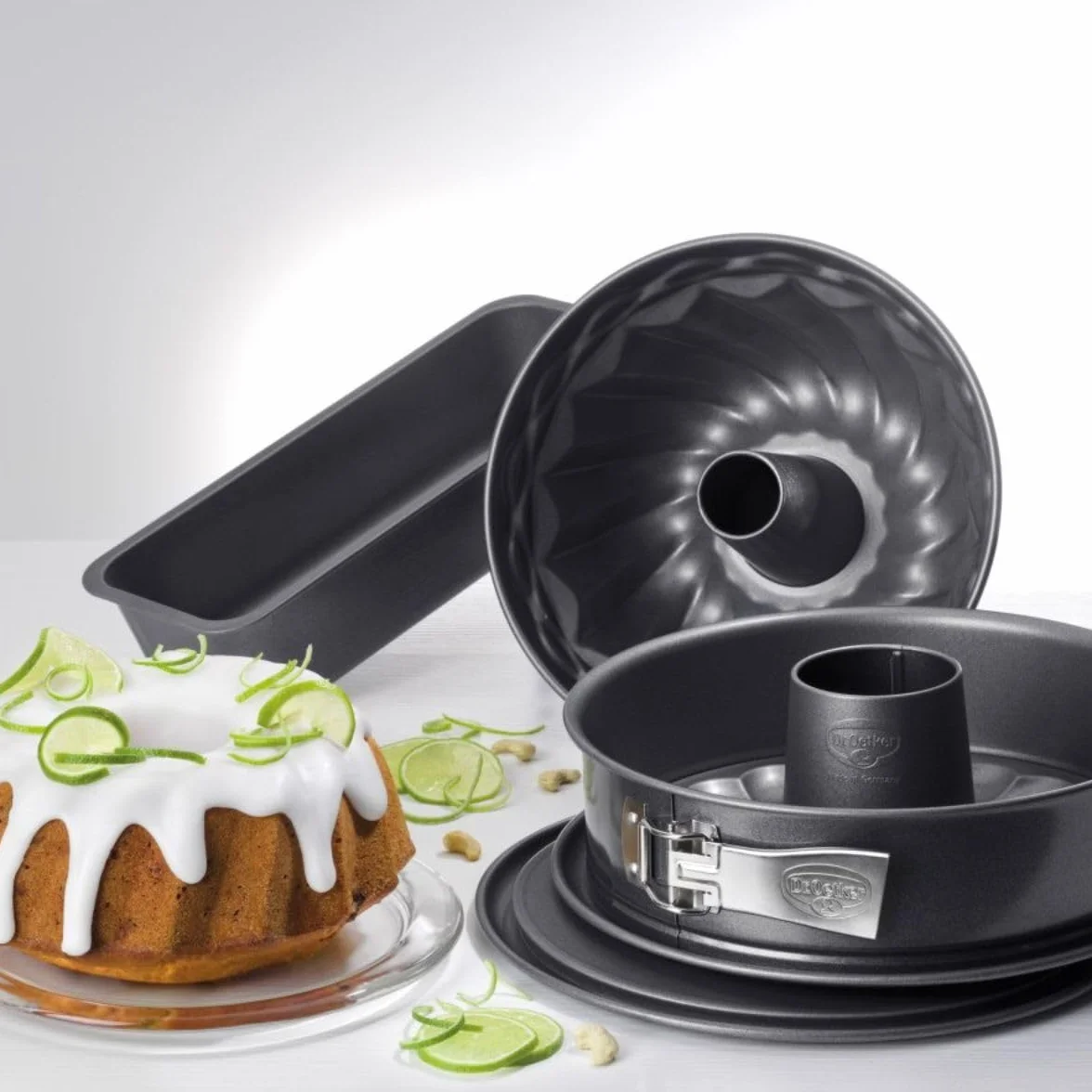 Dr. Oetker Back Harmonie, Juego Repostería Desmontable de 1 y 2 Fondos, Molde Rectangular y Rosco Alto en Acero con Revestimiento Antiadherente Especial, Color Negro, 4 uds