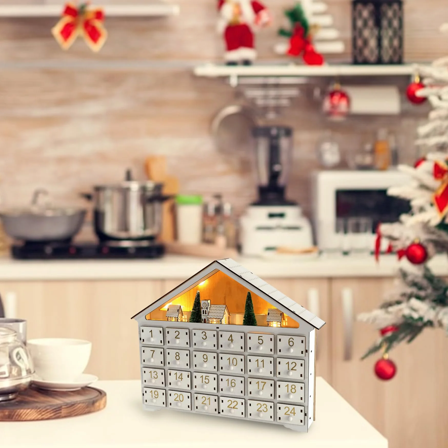 Calendario de Adviento de madera con 24 cajones y luces LED - Calendario de cuenta regresiva de Navidad vacío y reutilizable para llenar usted mismo (sin batería) - Adviento de bricolaje