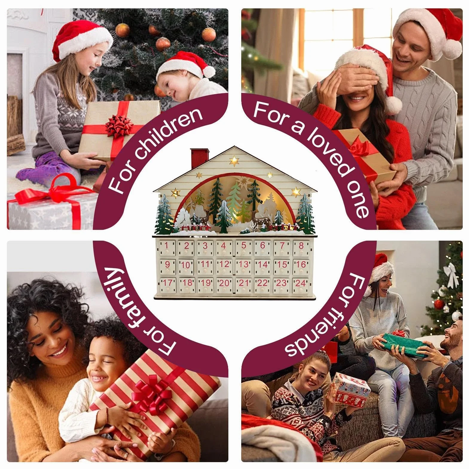 Cuenta Atrás Navidad 24 Días Casa De Madera Decorativa Para Mesa | Calendario de Cuenta Atrás para Navidad con Cajones para Apartamento Estantería Escritorio Salón Hogar