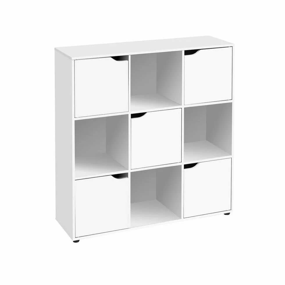Estantería Cubo con 9 estantes y 5 puertas color blanco de 90x90x29 cm | Mueble de almacenaje compacto de tablero laminado de 12mm con puertas y huecos abiertos para dormitorio, salón o despacho